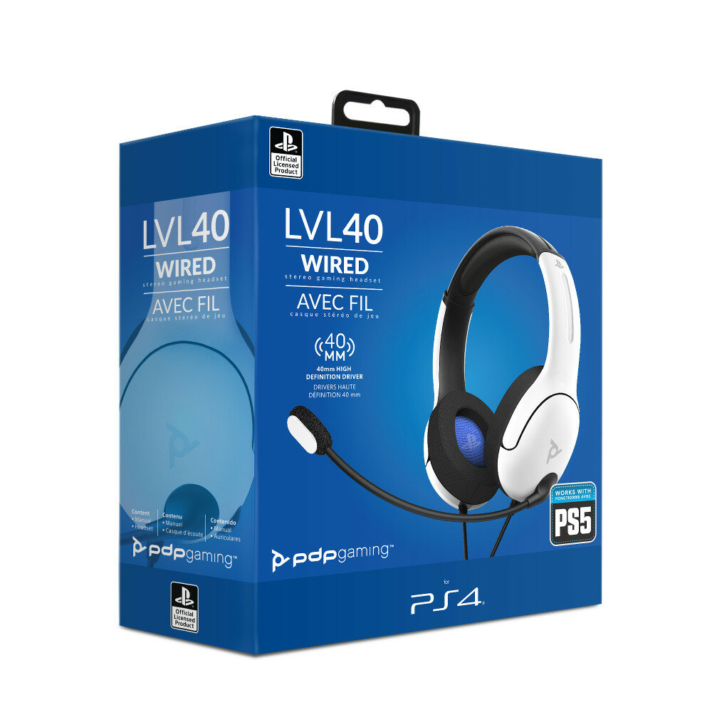 Pudełko ze słuchawkami. Białe i czarne słuchawki. Białe tło, niebieski tekst. Loga PS5 i PS4.