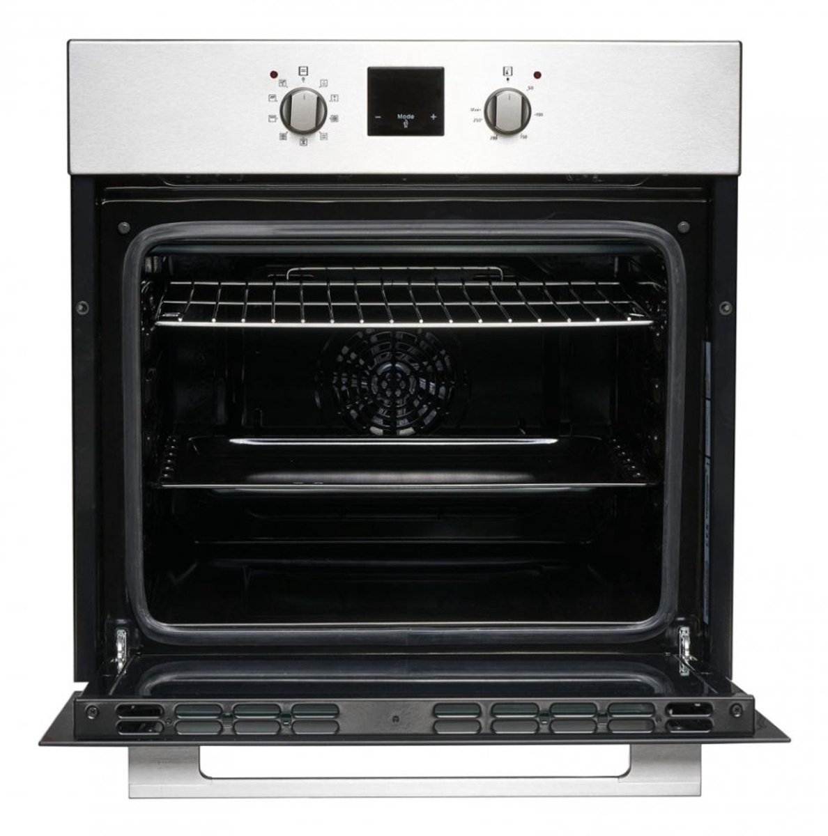 De binnenkant van een oven met de deur open, met roosters, verwarmingselementen en interieurdetails.