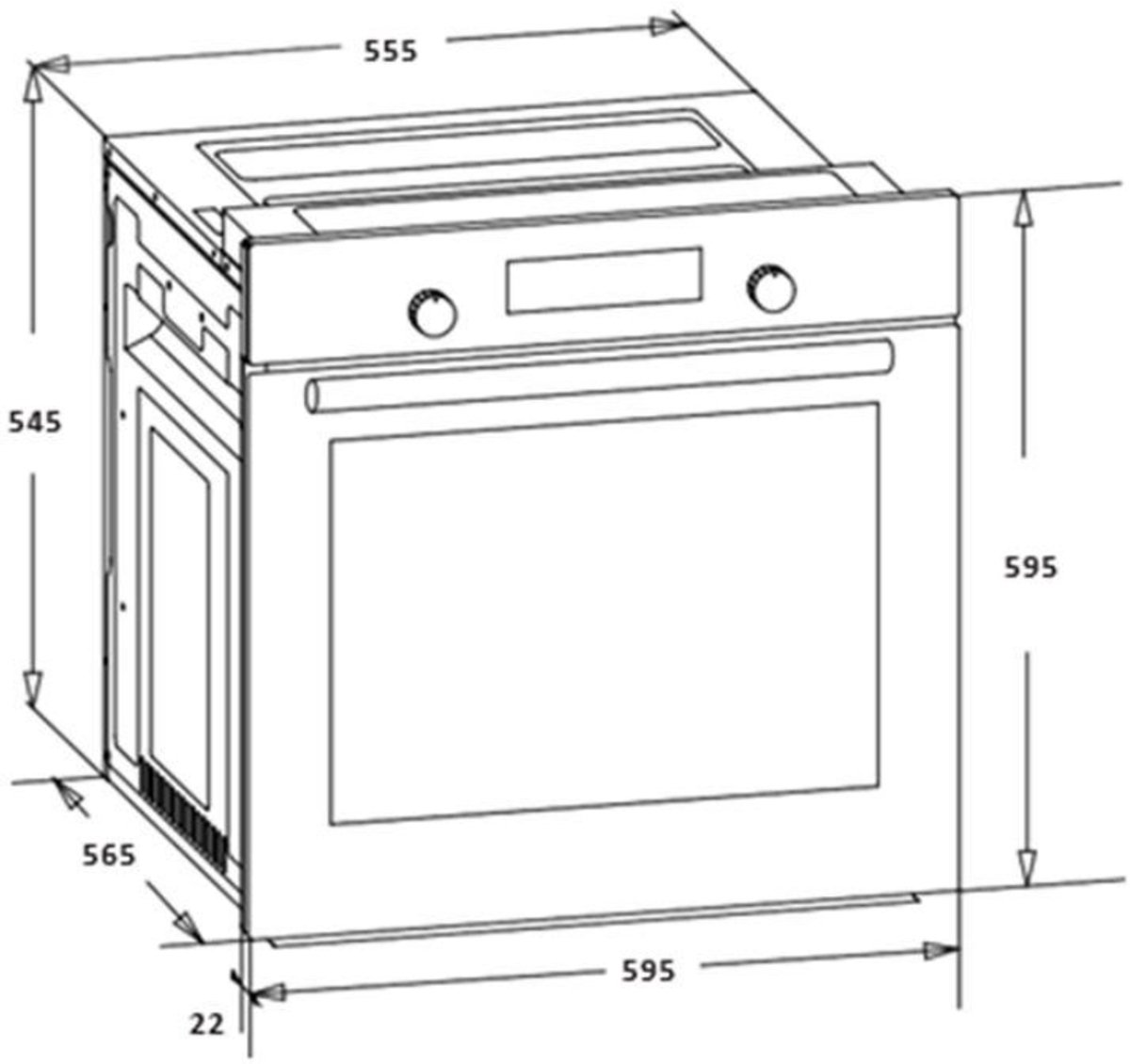 Diagram van een oven met afmetingen. Toont bovenaanzicht, zijaanzicht en vooraanzicht met maten.