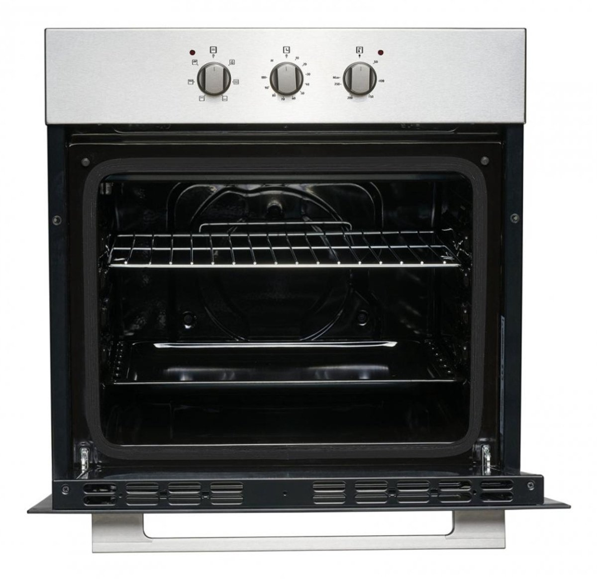 Een roestvrijstalen oven met de deur open, met de binnenrekken zichtbaar.