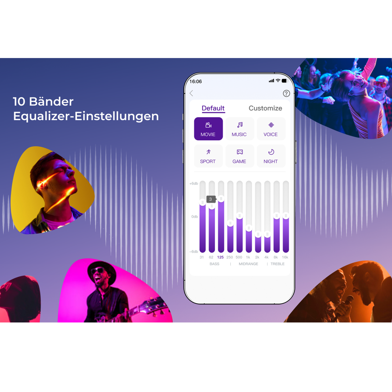 Ein Telefonbildschirm mit einer Equalizer-Oberfläche mit lila Balken.