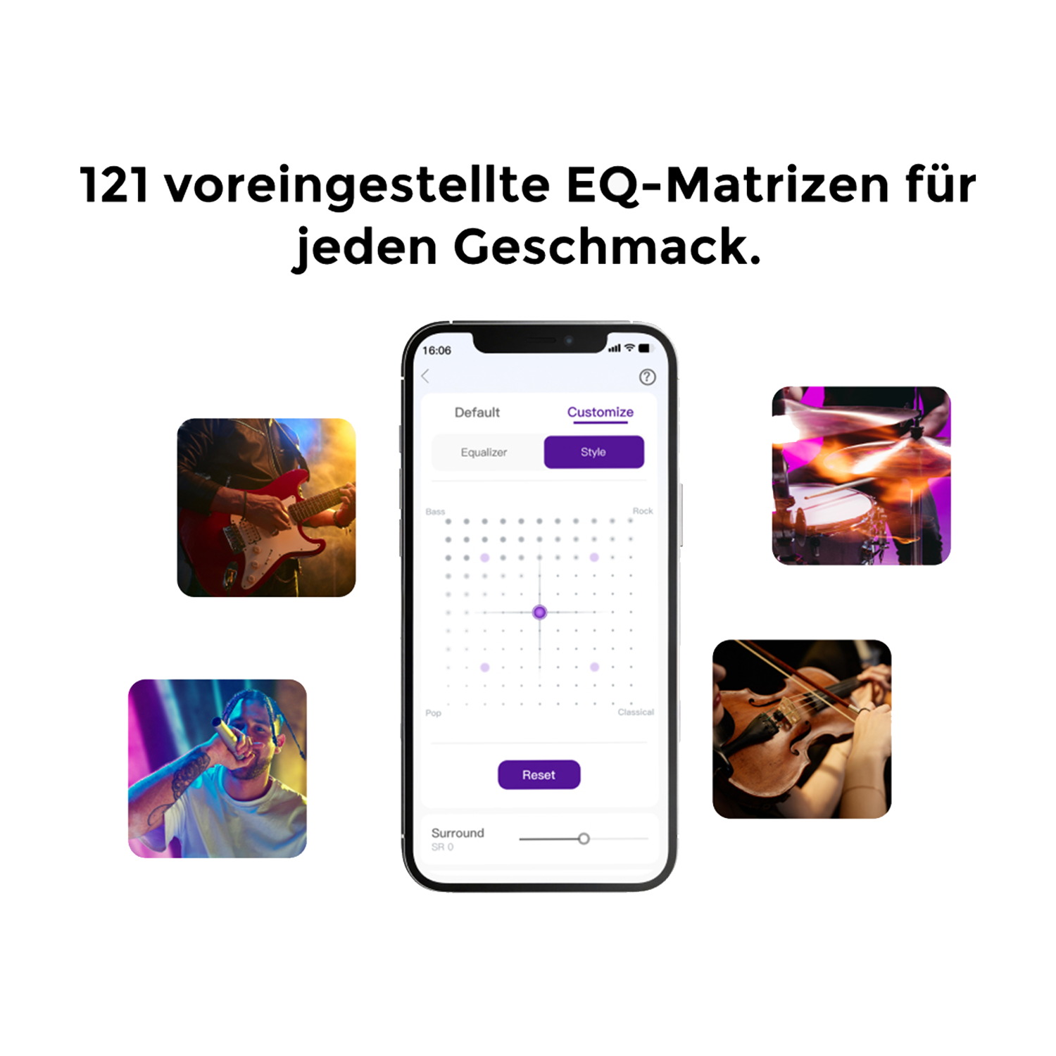 Ein Smartphone, das eine Equalizer-Oberfläche anzeigt, umgeben von Bildern von Musikern, die auftreten.