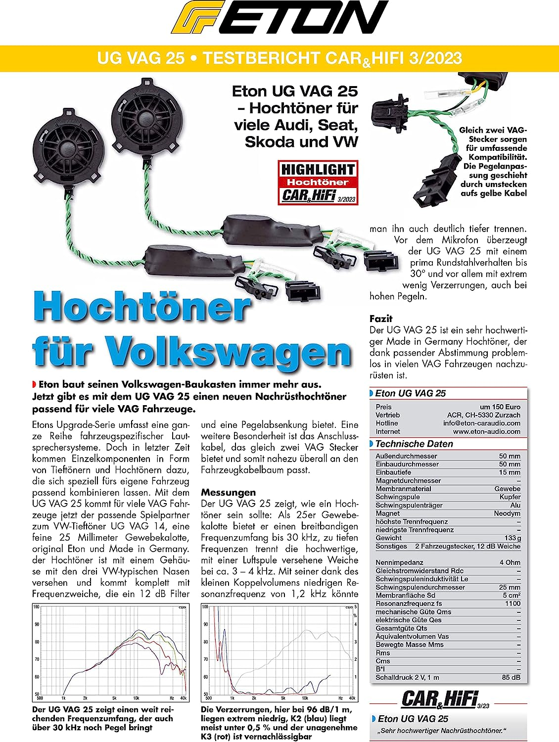 Das Bild zeigt Autolautsprecher und Text auf Deutsch. Der Text beschreibt die Lautsprecher.