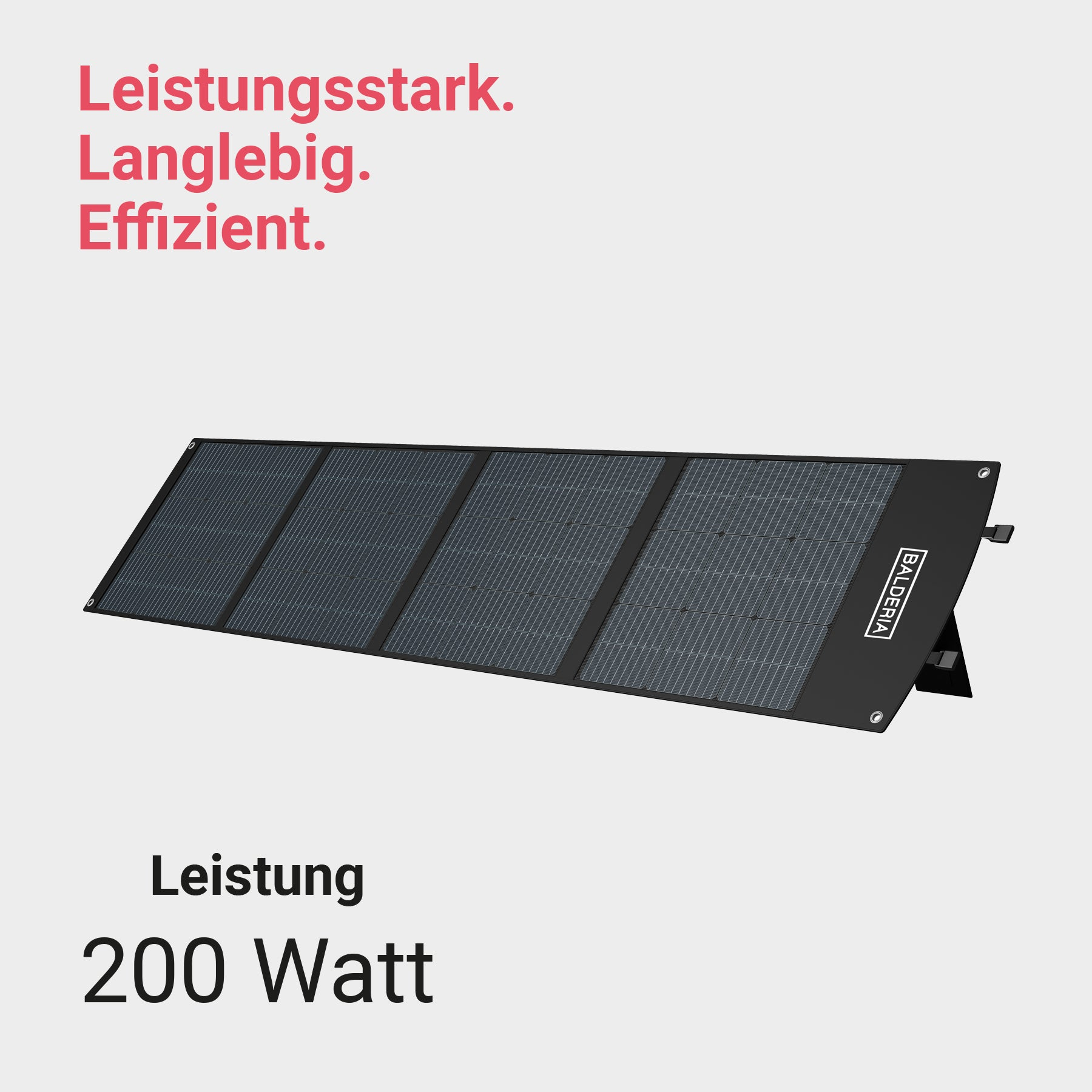 Ein zusammengeklapptes schwarzes Solarpanel mit dem Wort 'BALDERIA' darauf, vor hellem Hintergrund.