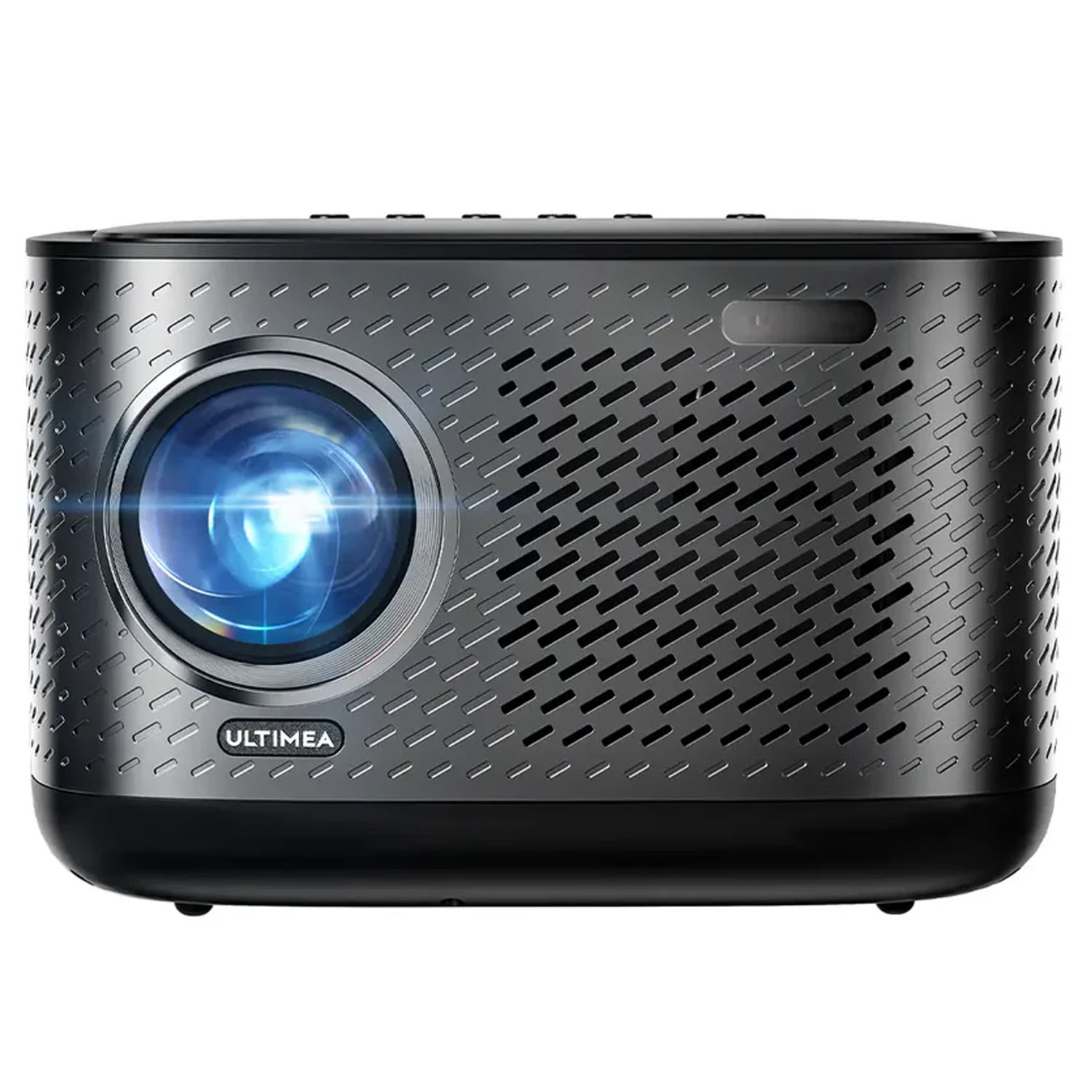 Czarny i srebrny projektor z obiektywem i teksturowanym przodem. Znajduje się na czarnej powierzchni.