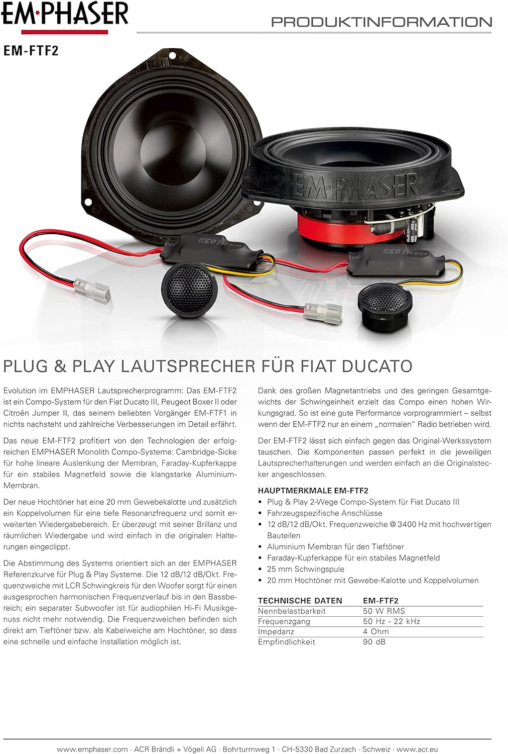 Ein Produktinformationsblatt mit Text auf Deutsch. Enthält Details zu einem Lautsprechersystem.
