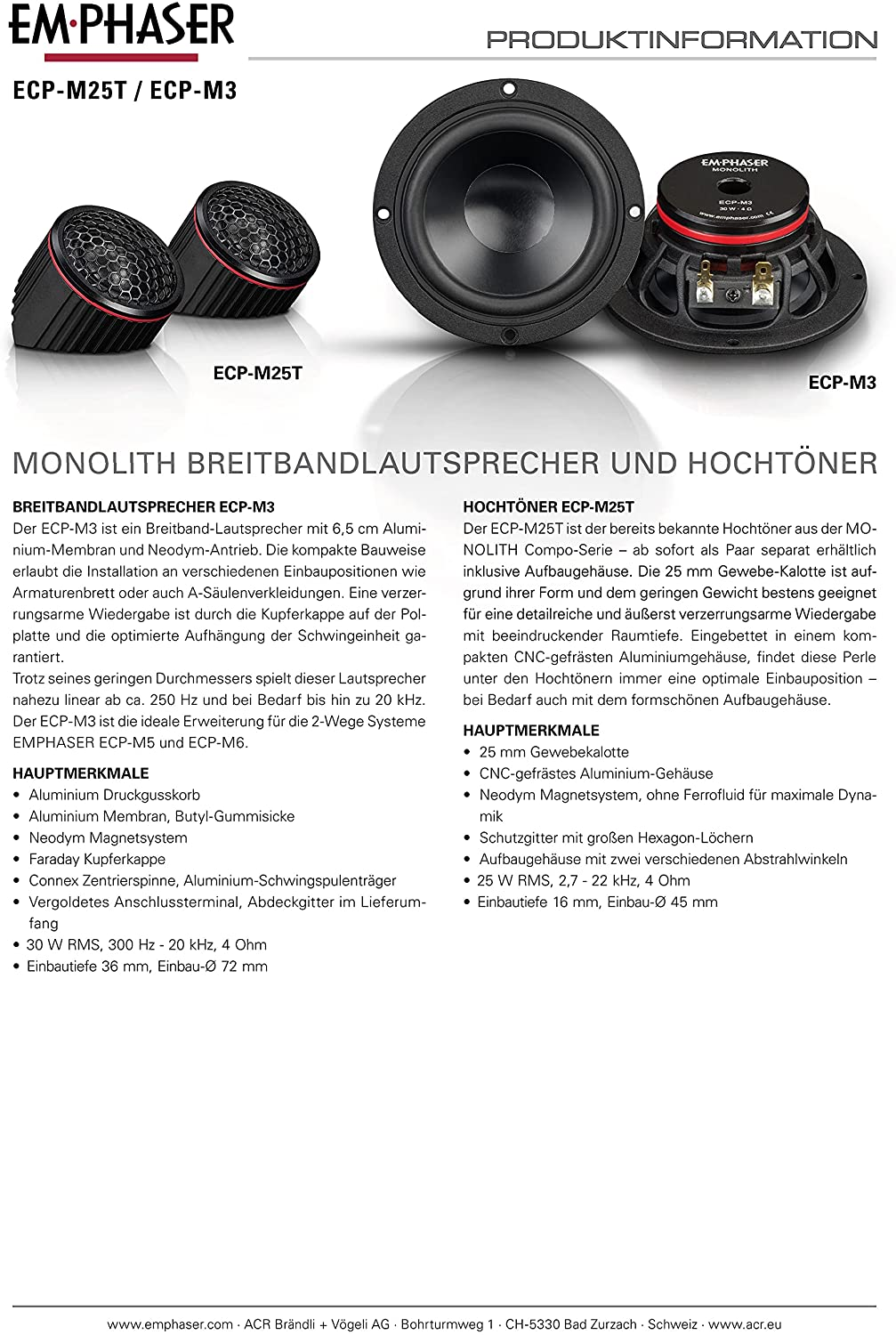 Zwei schwarze Lautsprecher mit dem Text ECP-M25T und ECP-M3.