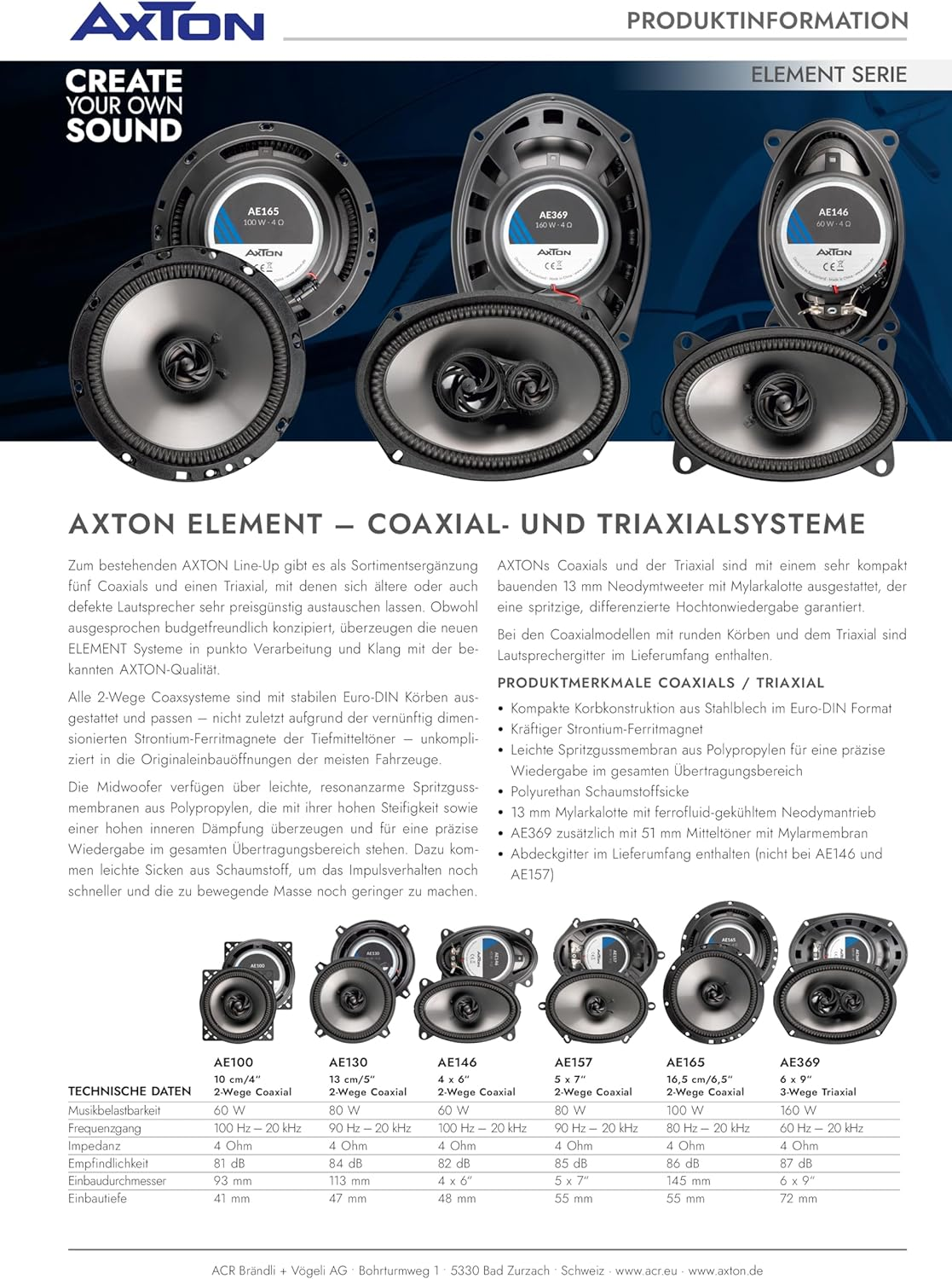 Eine Magazinseite mit dem Text AXTON ELEMENT - COAXIAL- UND TRIAXIALSYSTEME.