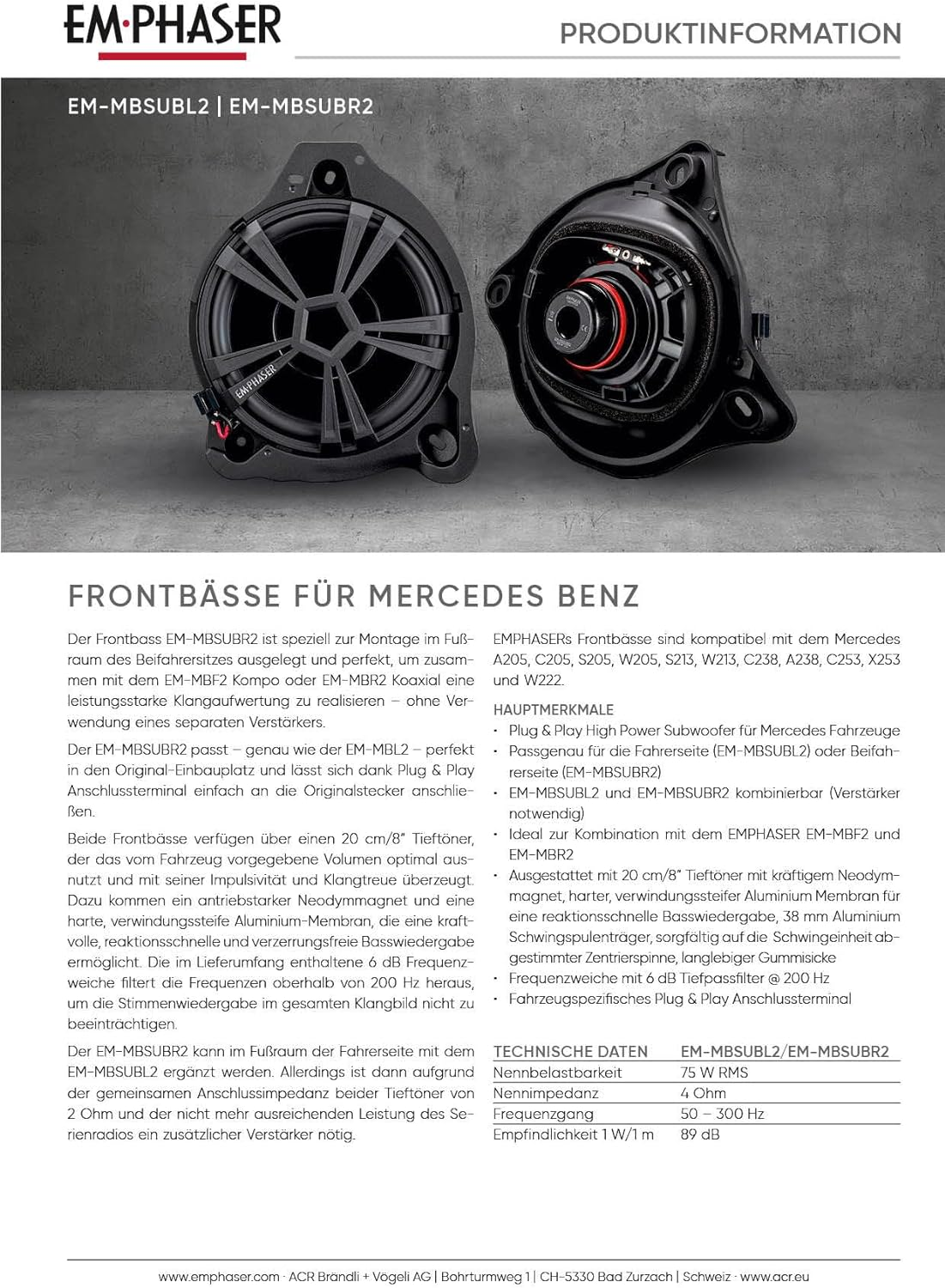 Ein Produktinformationsblatt mit Bildern von Auto-Lautsprechern, Text und Markenlogos.