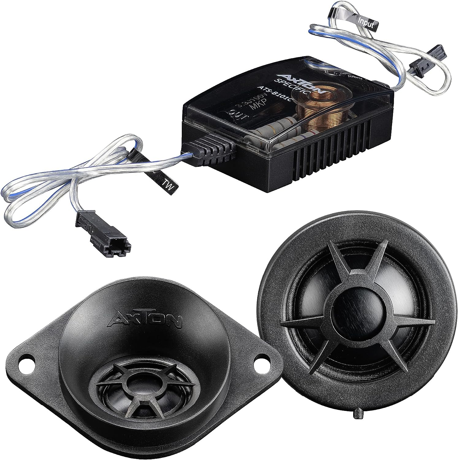Auto-Audiokomponenten-Set mit Frequenzweiche, zwei Hochtönern und Verkabelung, schwarz und silber.