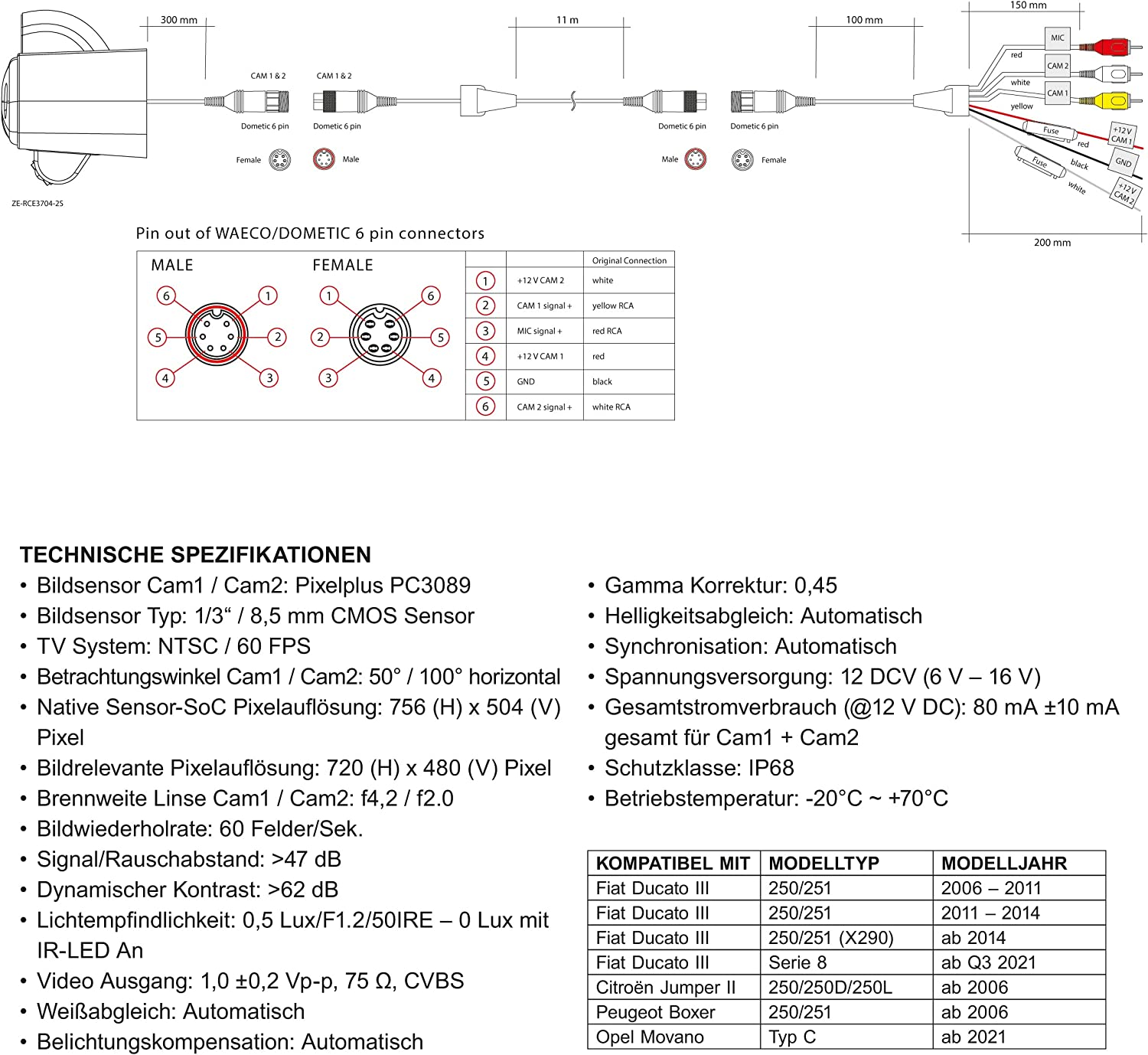 Technische Diagramm eines Auto-Kamerasystems mit Anschlüssen und Spezifikationen auf Deutsch.