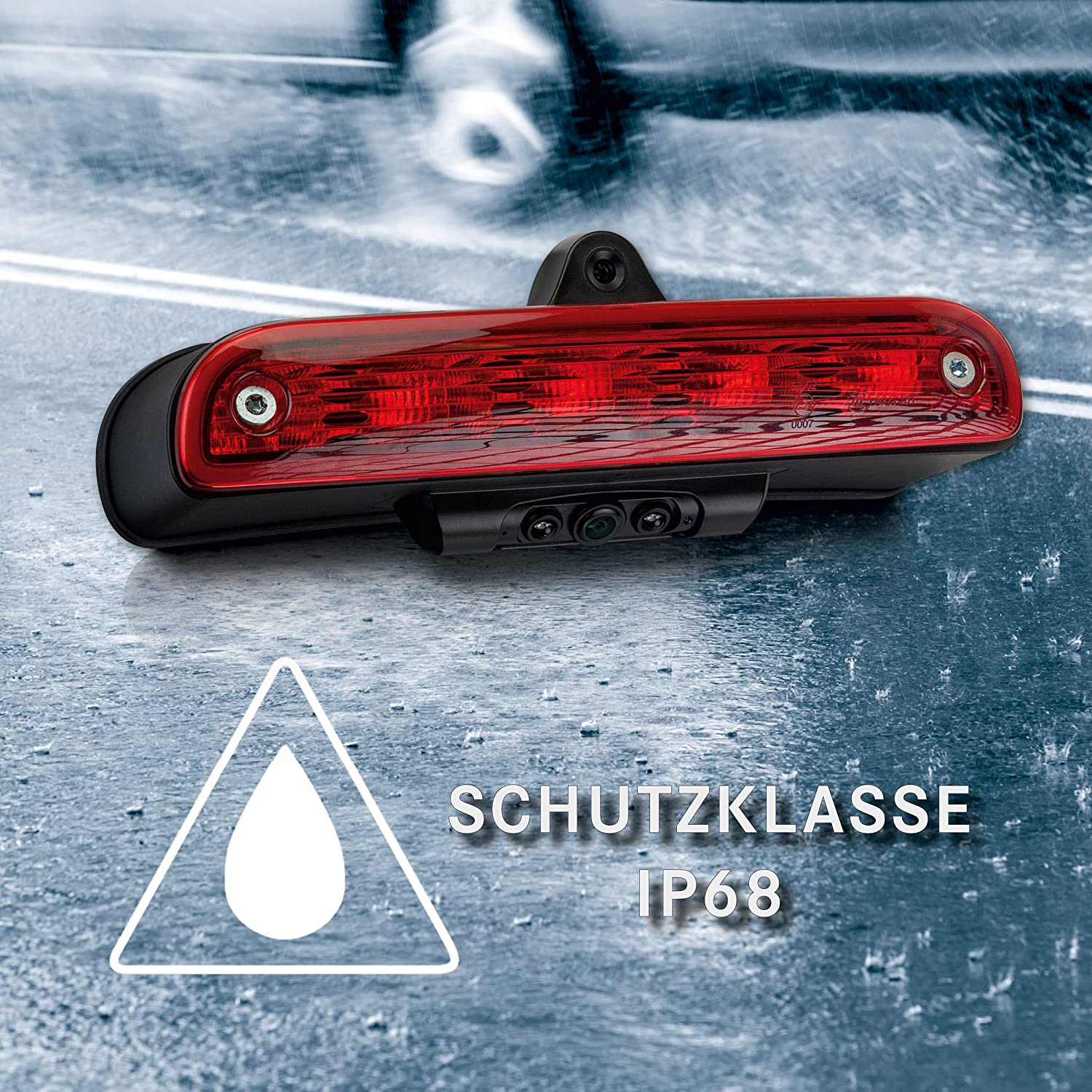 Kfz-Bremslicht mit integrierter Kamera, beschriftet SCHUTZKLASSE IP68, mit Regentropfen und Wassertropfensymbol.