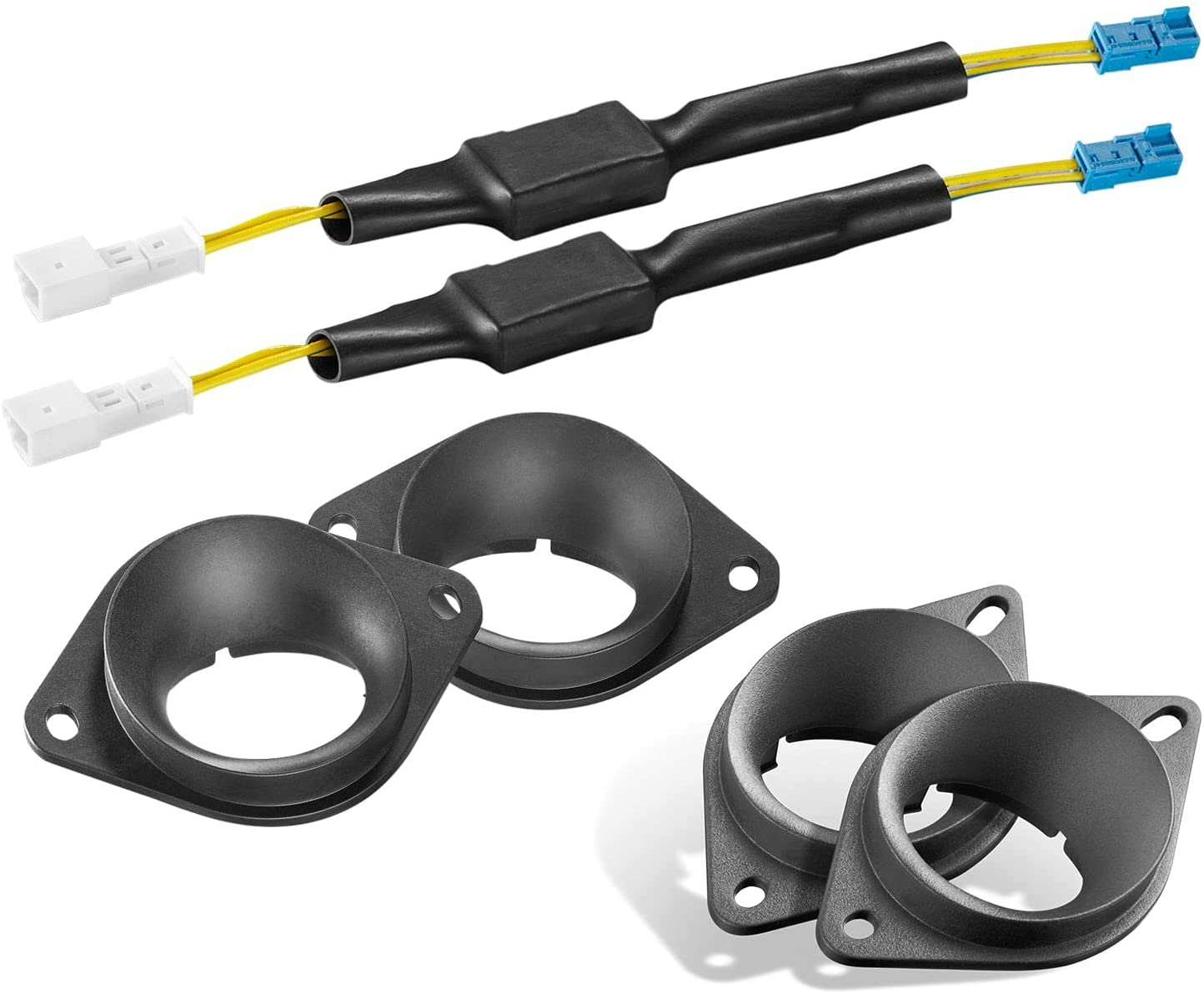 Zwei Paare schwarzer Lautsprecheradapter und zwei Drahtpaare mit blauen und weißen Steckern.