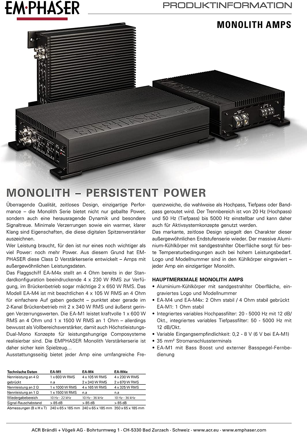 Technische Produktinformationsseite für Emphaser Monolith Verstärker mit Spezifikationen und Funktionen auf Deutsch.