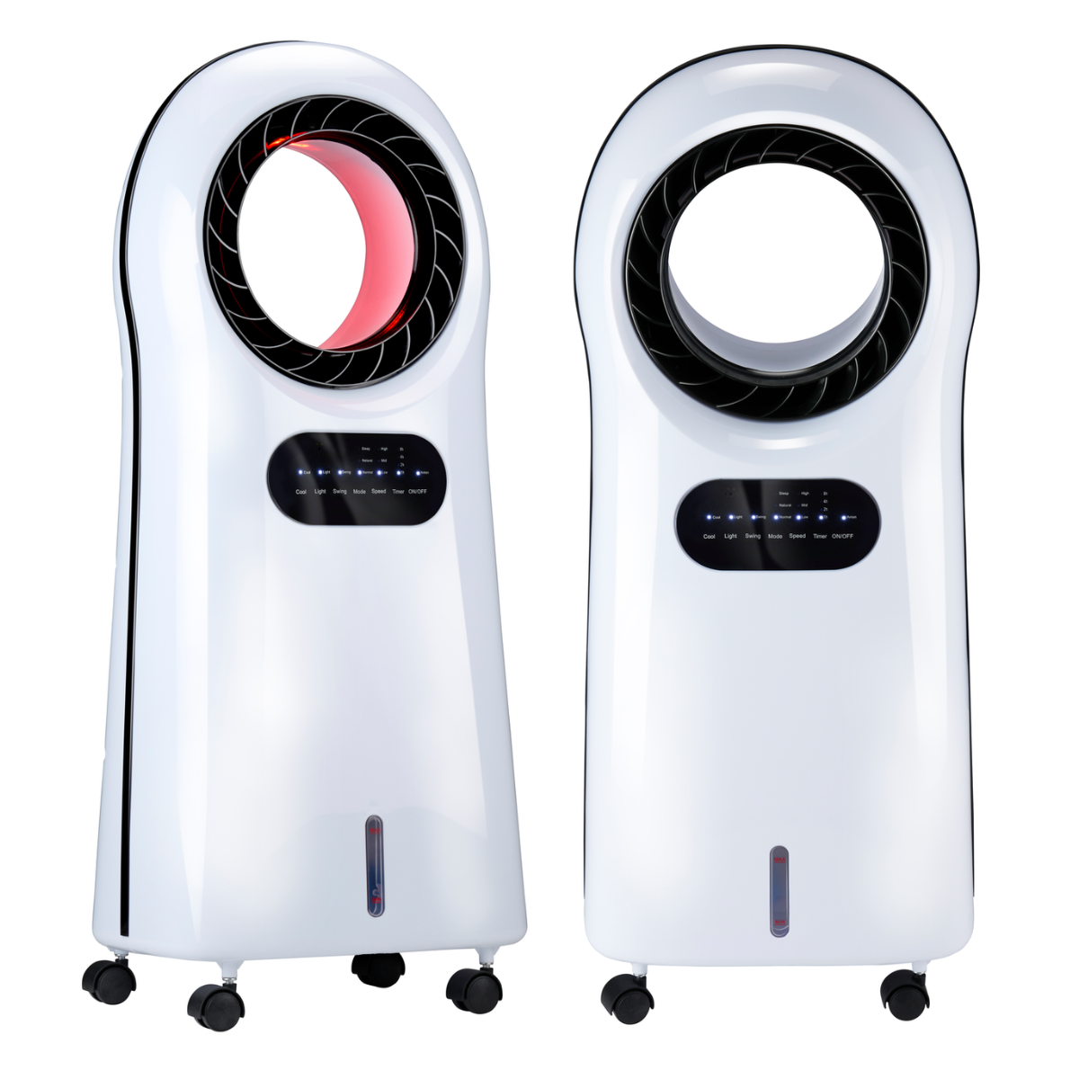 Twee witte luchtreinigers met zwarte accenten. Elk heeft een bedieningspaneel en een rood interieur.