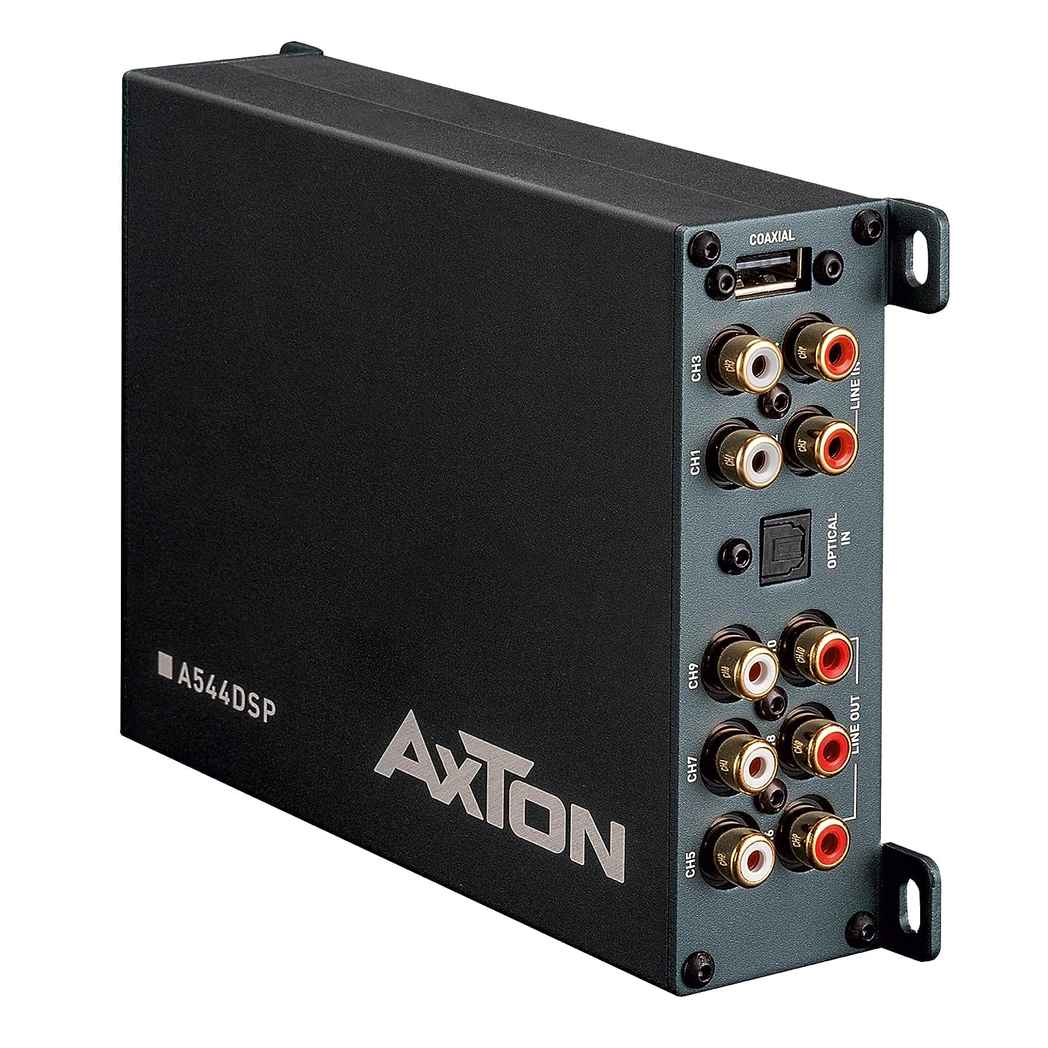 Schwarzer Axton A544DSP Audioverstärker mit Ein-/Ausgangsanschlüssen an der Seite.