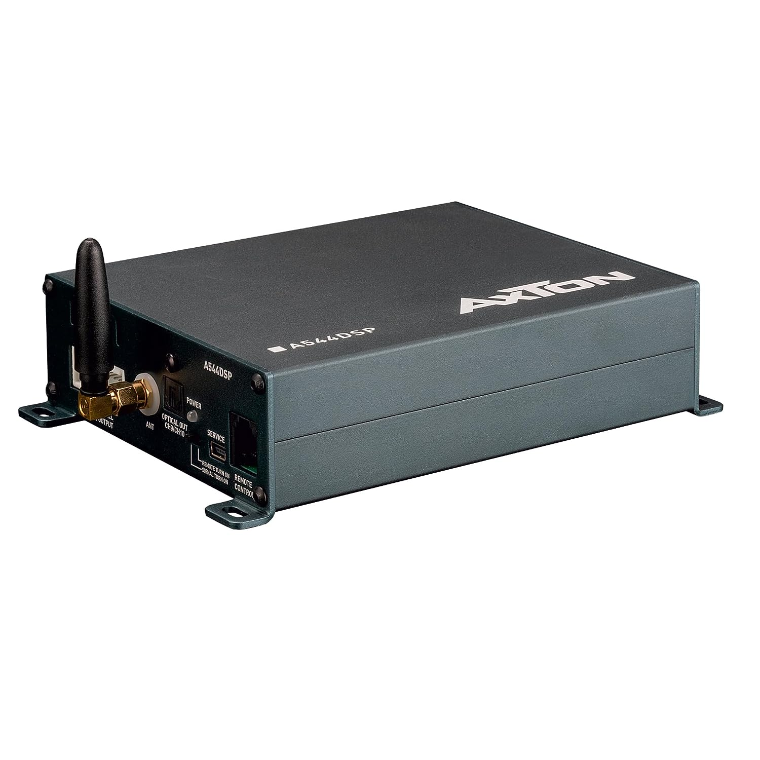 Schwarzes Axton A544DSP Audiogerät mit Antenne und Anschlüssen, mit weißem Hintergrund.