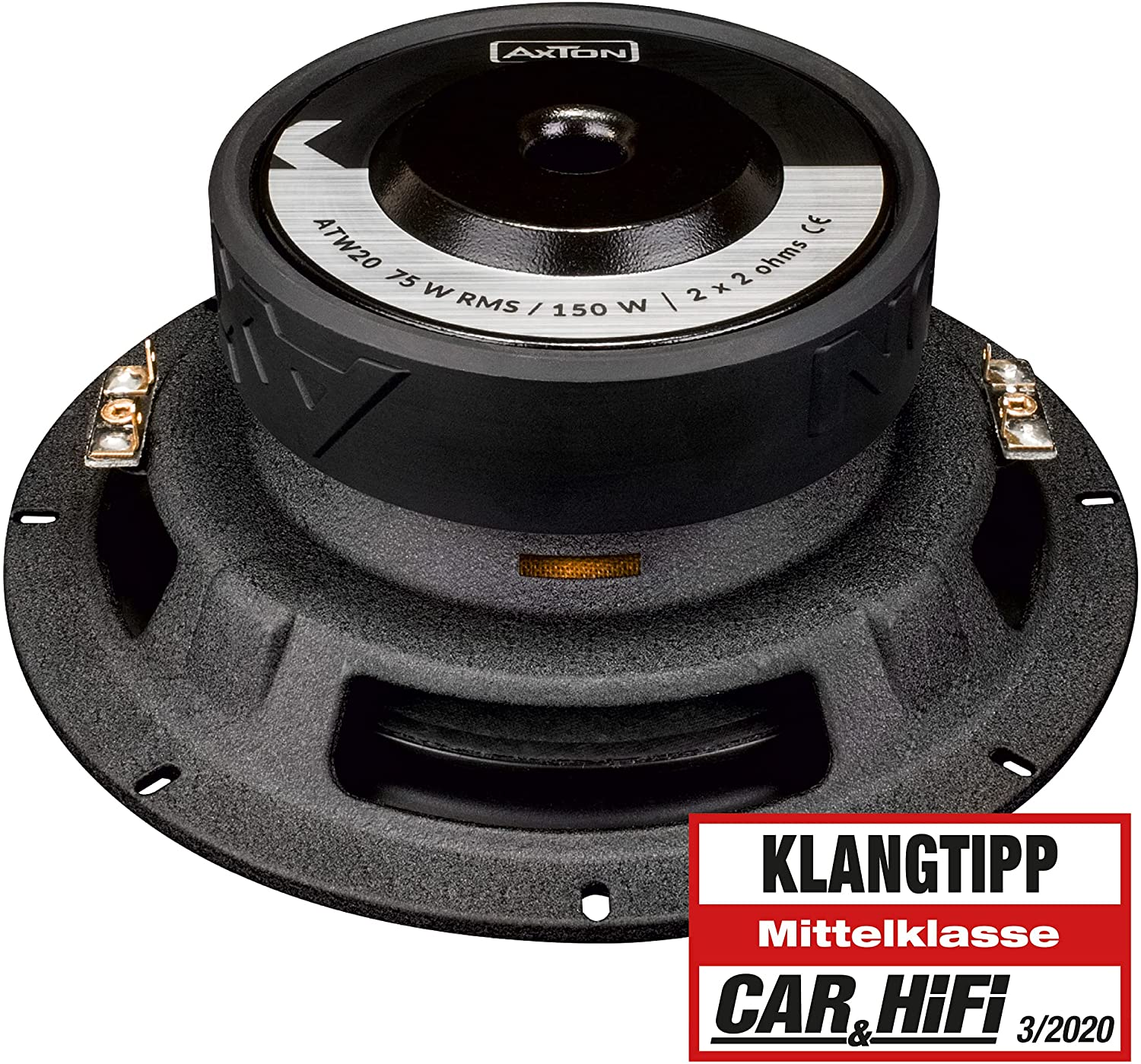 Ein Subwoofer-Lautsprechereinheit mit schwarzem Konus und einem Etikett mit der Aufschrift 'Axton'.