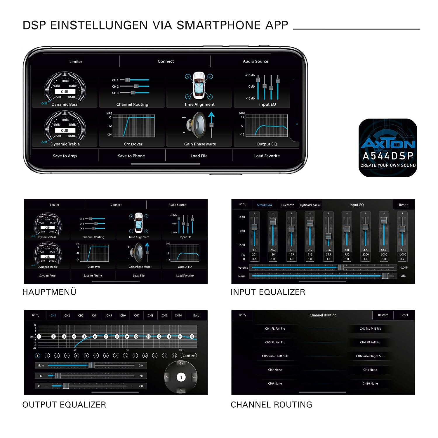 Screenshots der Axton A544DSP Smartphone-App-Oberfläche, die verschiedene Audioeinstellungen anzeigt.