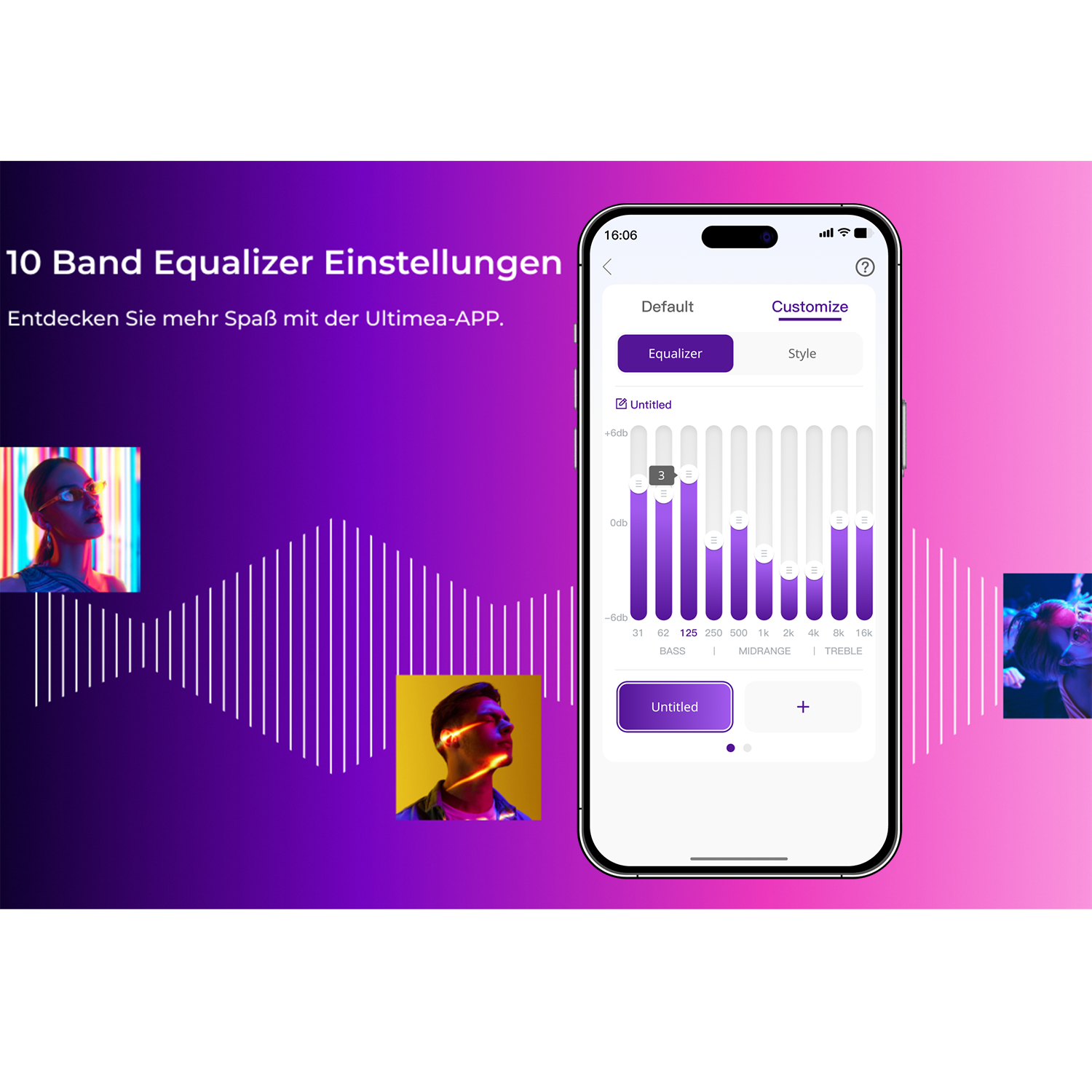 Ein Smartphone, das eine Equalizer-Oberfläche mit visuellen Darstellungen von Soundeinstellungen anzeigt.