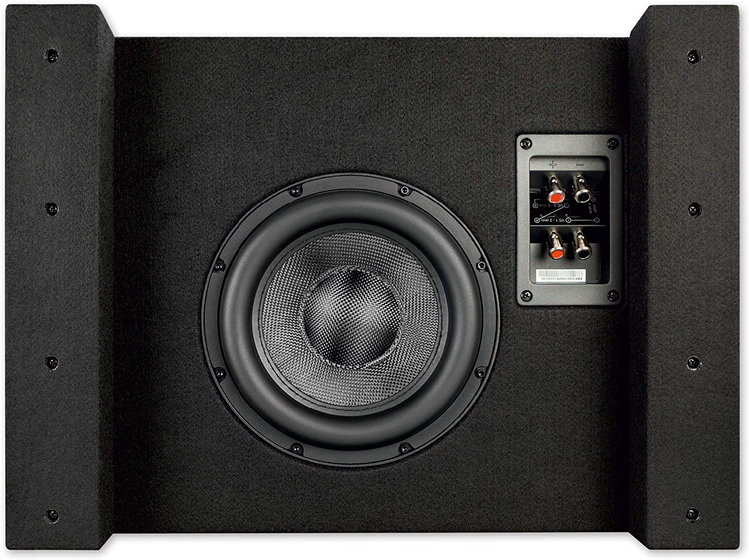 Eine schwarze Box mit einem Subwoofer in der Mitte, umgeben von schwarzem Material. Zwei Paneele an den Seiten.