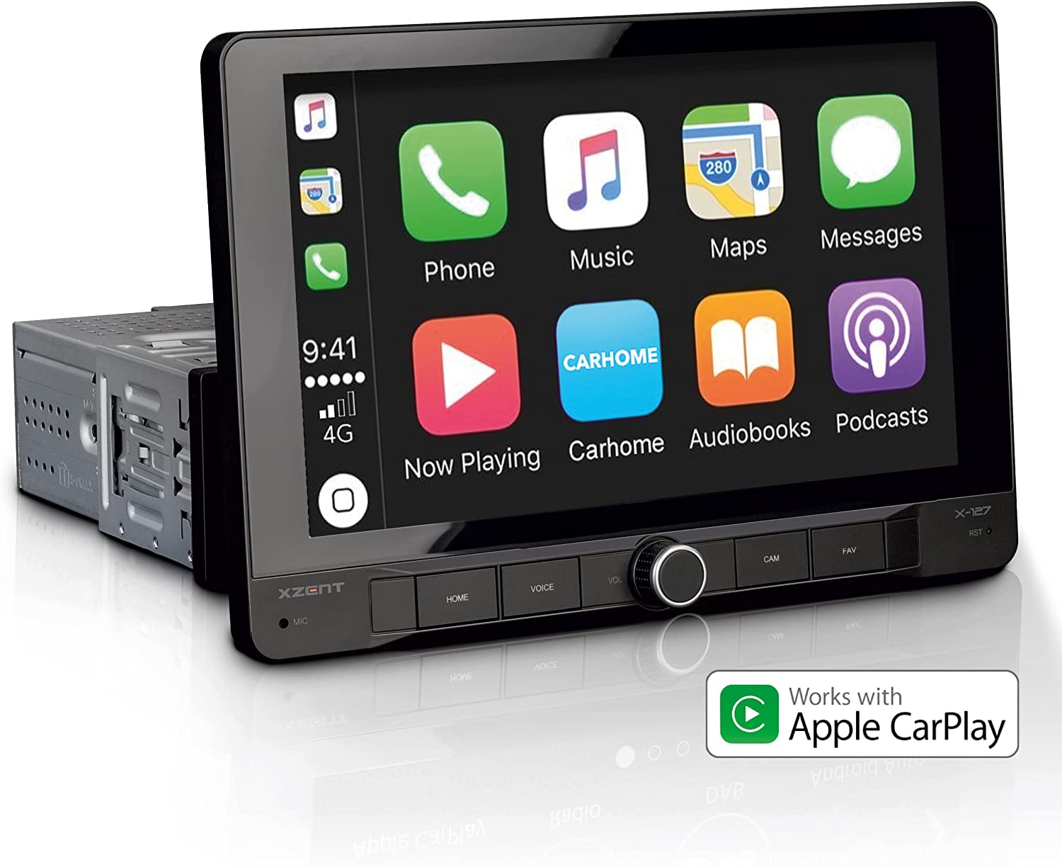 Ein Autoradio mit Touchscreen-Display, das App-Symbole und Apple CarPlay-Kompatibilität anzeigt.