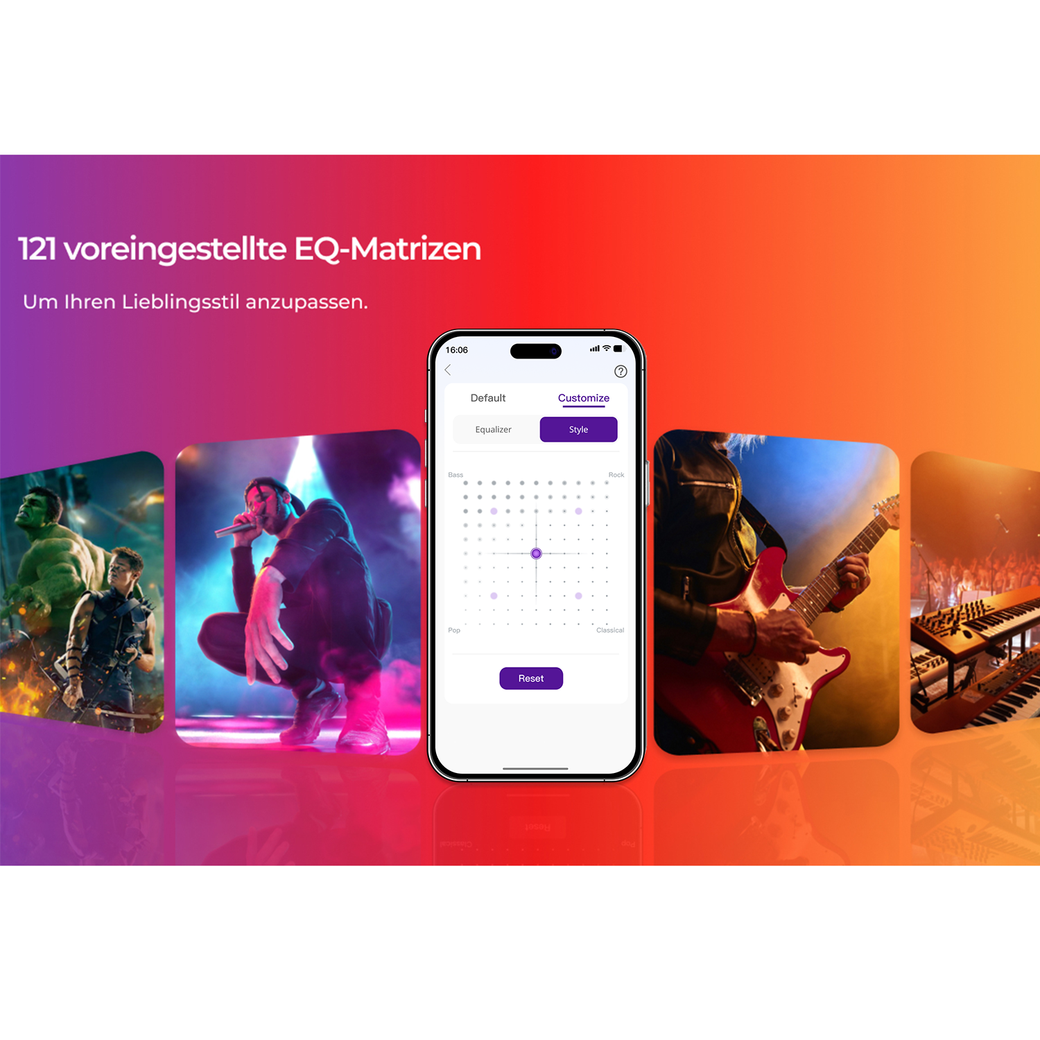 Ein Telefon, das eine Equalizer-Oberfläche anzeigt, ist von Bildern von Musikern und Darstellern umgeben.