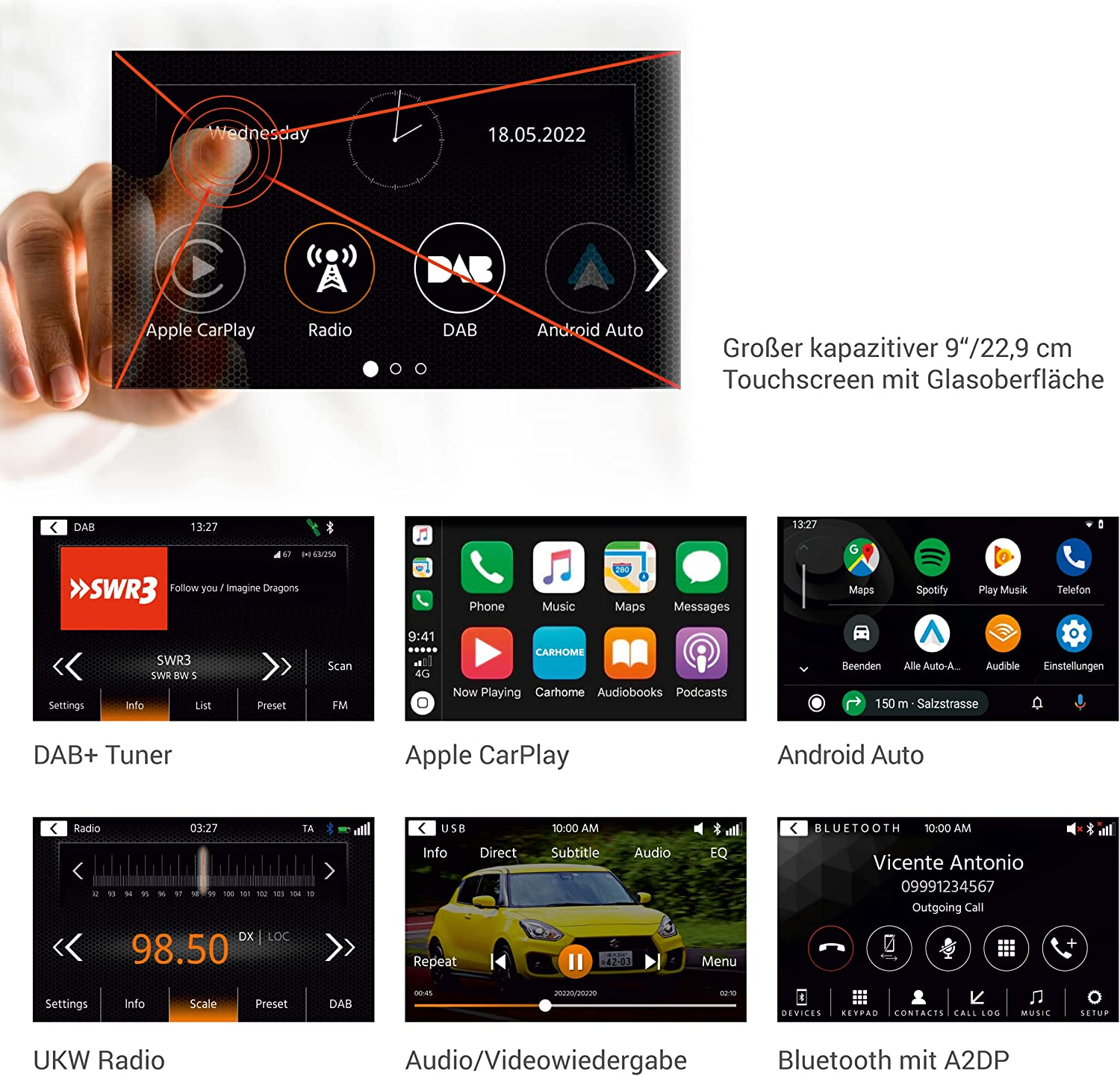 Ein Auto-Touchscreen, der verschiedene Apps zeigt: Apple CarPlay, Radio, DAB und Android Auto, mit anderen Oberflächen.