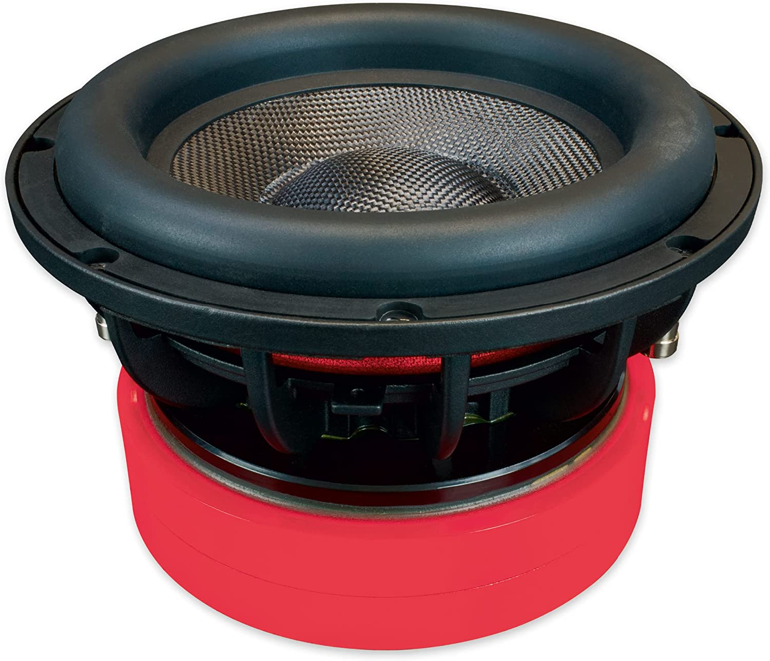 Nahaufnahme eines Subwoofers mit schwarzem Lautsprecher und roter Basis. Der Lautsprecher hat ein Mesh-Zentrum.