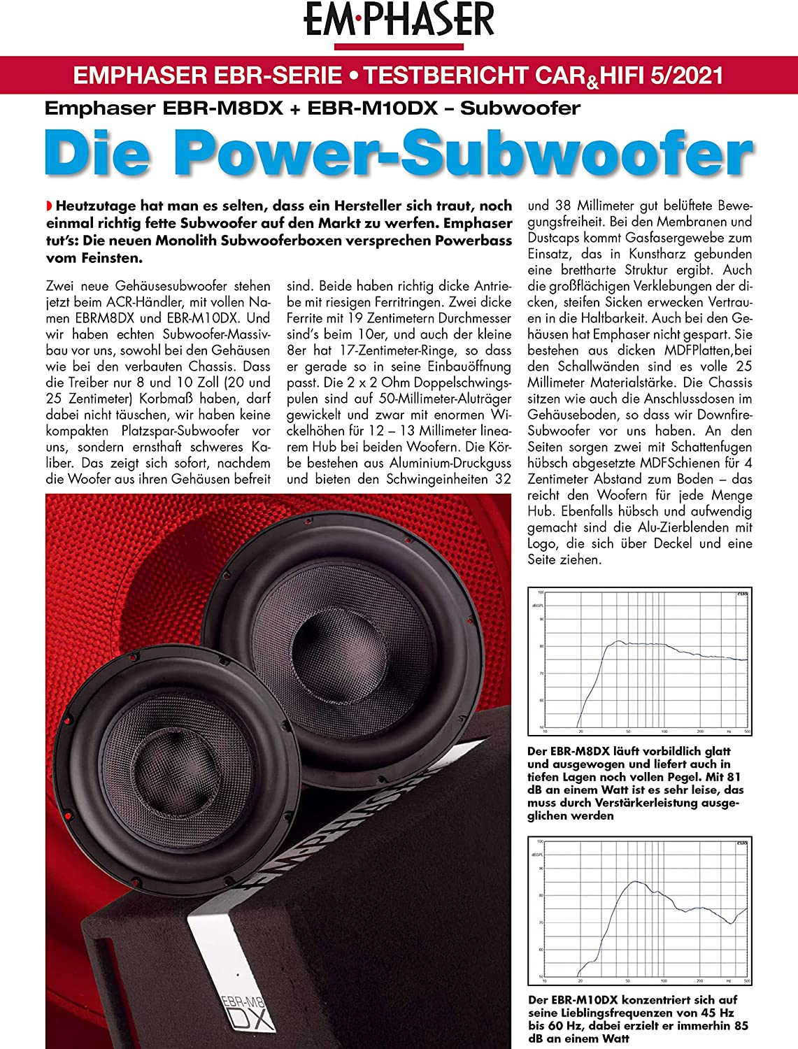 Eine Magazinseite mit Auto-Subwoofern mit technischen Details und Leistungsdiagrammen.