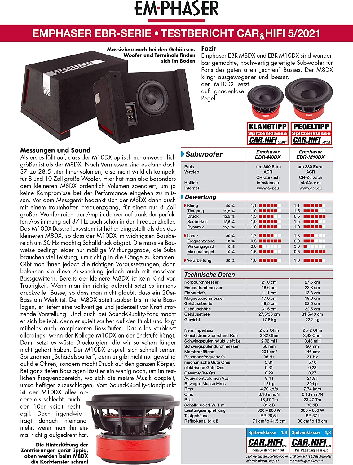 Testbericht des Emphaser Subwoofers. Bild zeigt drei verschiedene Subwoofer-Modelle und technische Daten.
