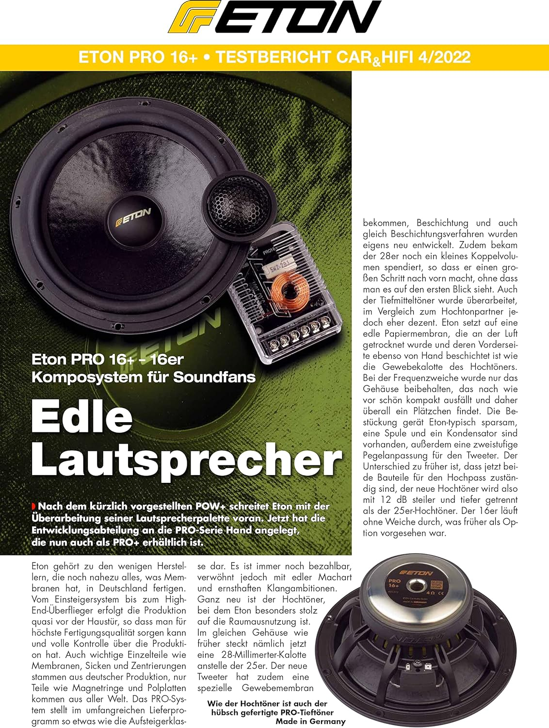 Eine Magazinseite mit Car-Audio-Geräten, einschließlich Lautsprechern und einem Hochtöner, mit Text auf Deutsch.