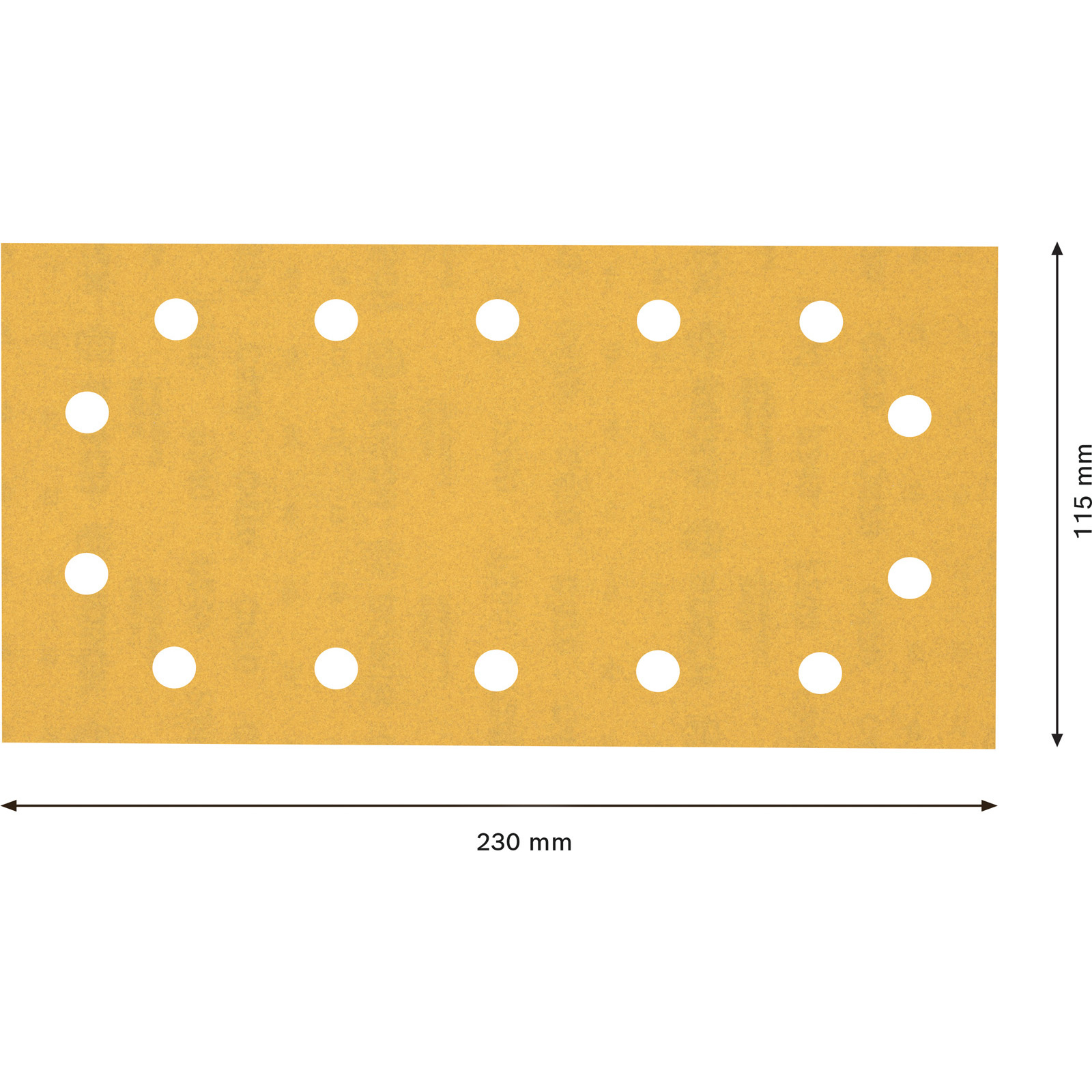 Un tampon de papier de verre rectangulaire avec plusieurs trous, les dimensions sont données.