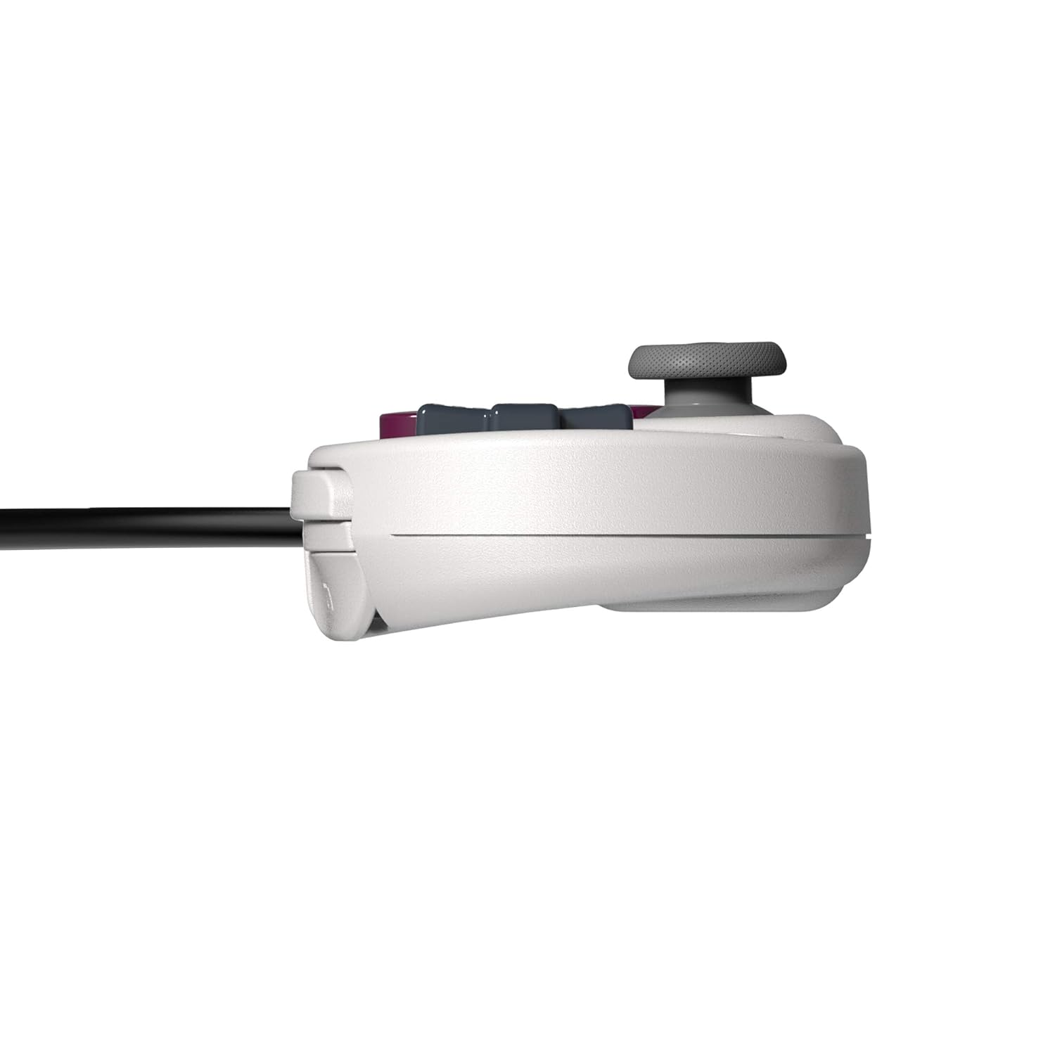 Biały kontroler do gier z joystickiem i kilkoma przyciskami, na białym tle, widziany z boku.