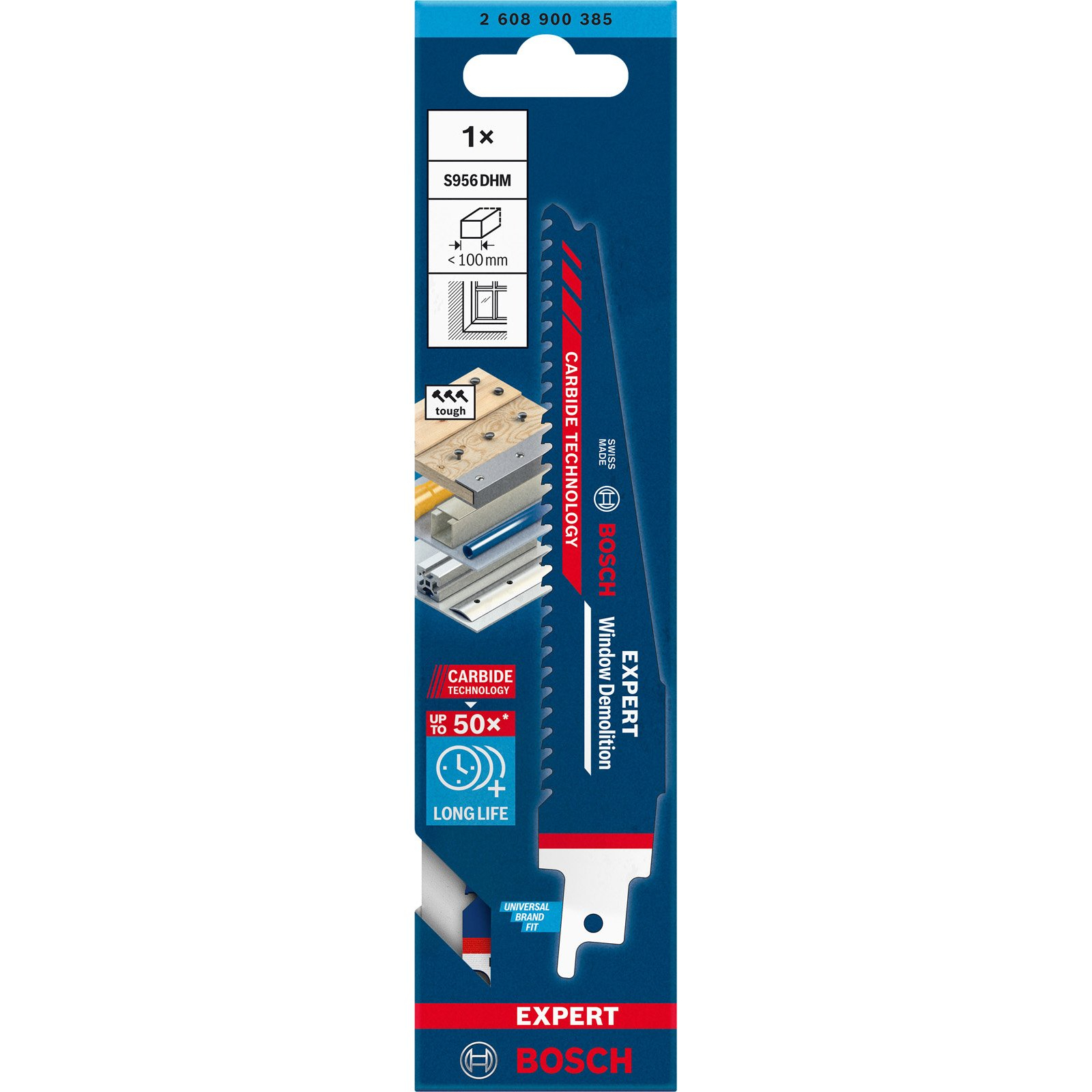 Eine Bosch Expert Fensterabbruch-Sägeblatt in einer blau-weißen Verpackung.