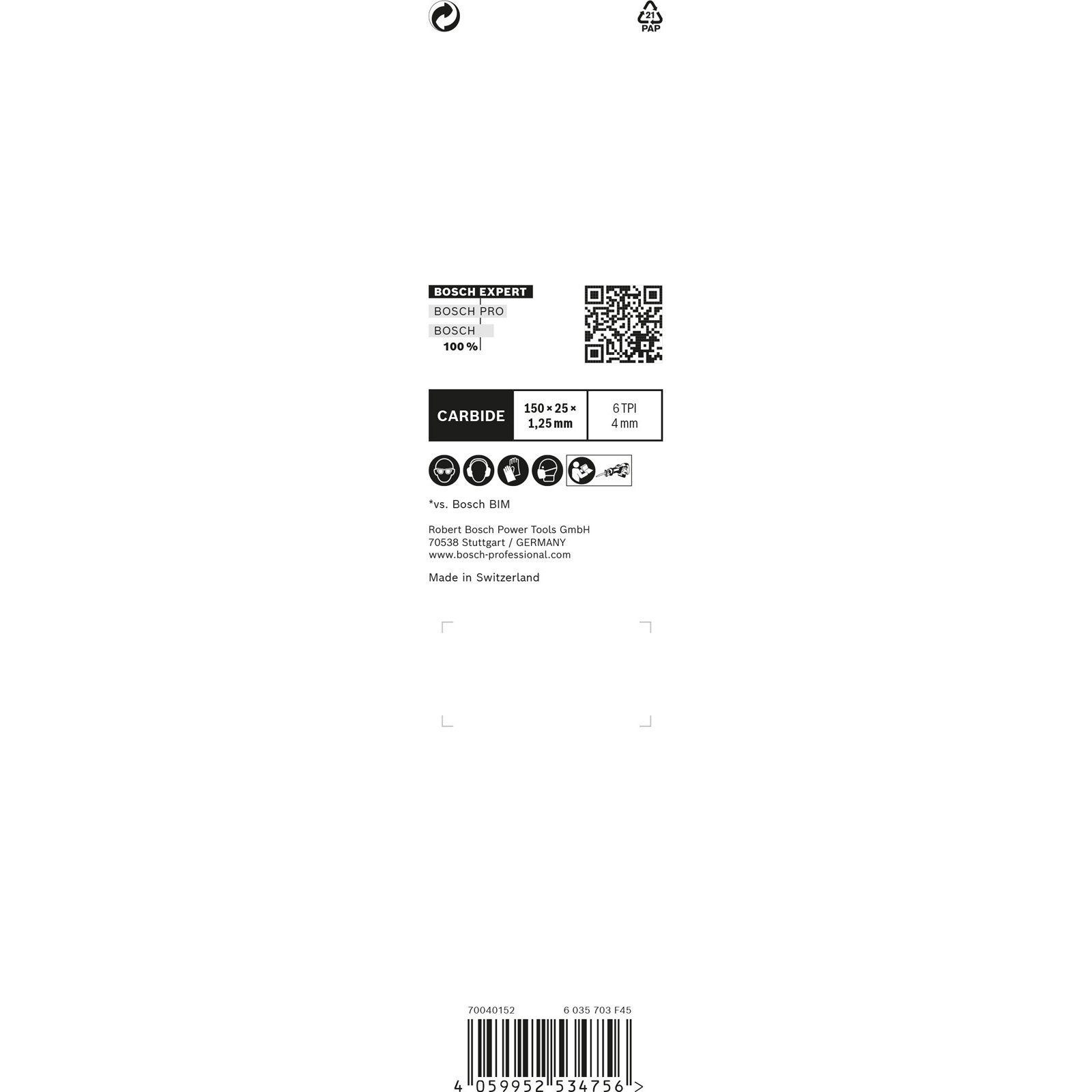 Eine weiße Verpackung mit Bosch-Branding, Symbolen und Text zu Hartmetallwerkzeugen.