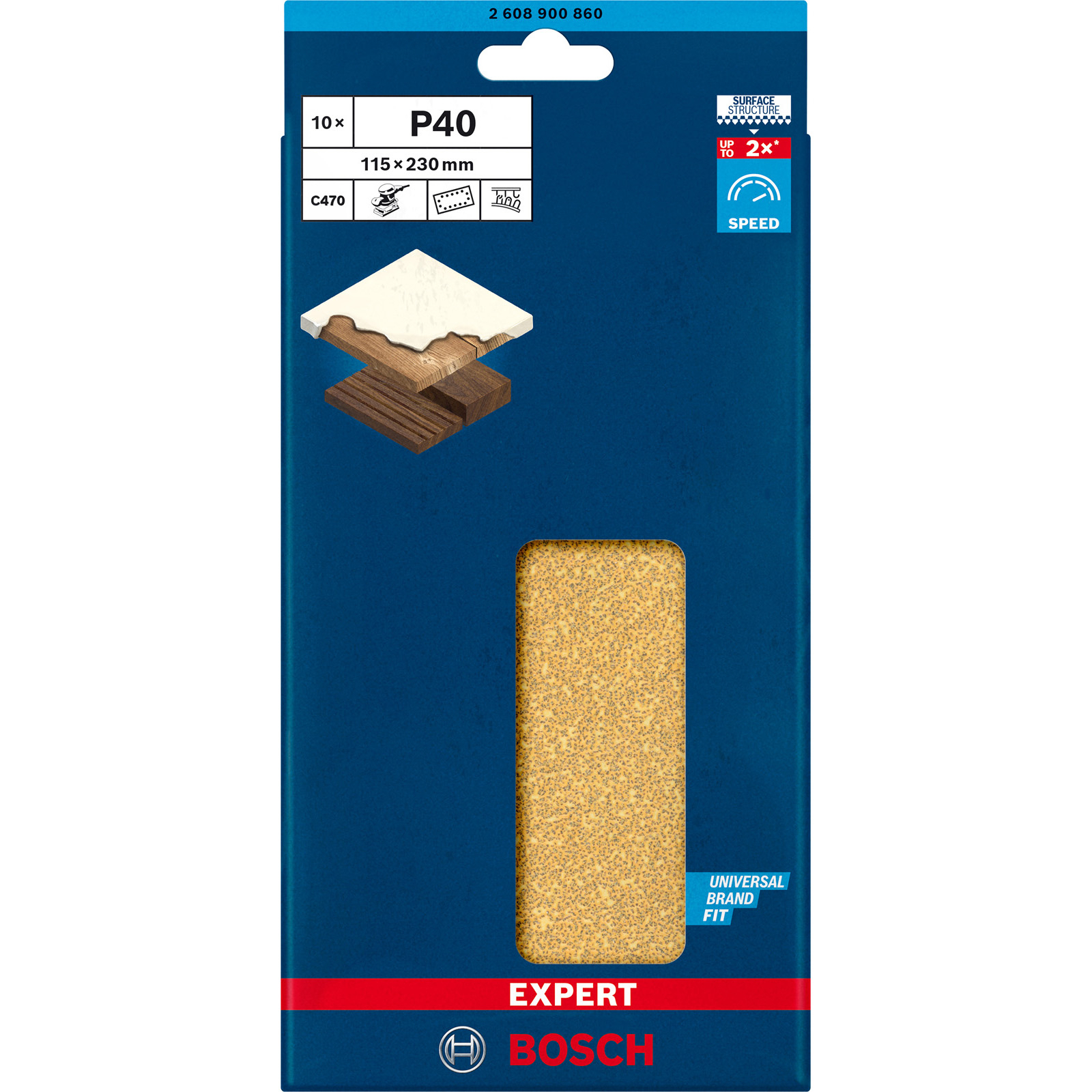 Ein Bosch Expert P40 Schleifblock in einer blauen Verpackung, Holz- und Fliesenmuster.