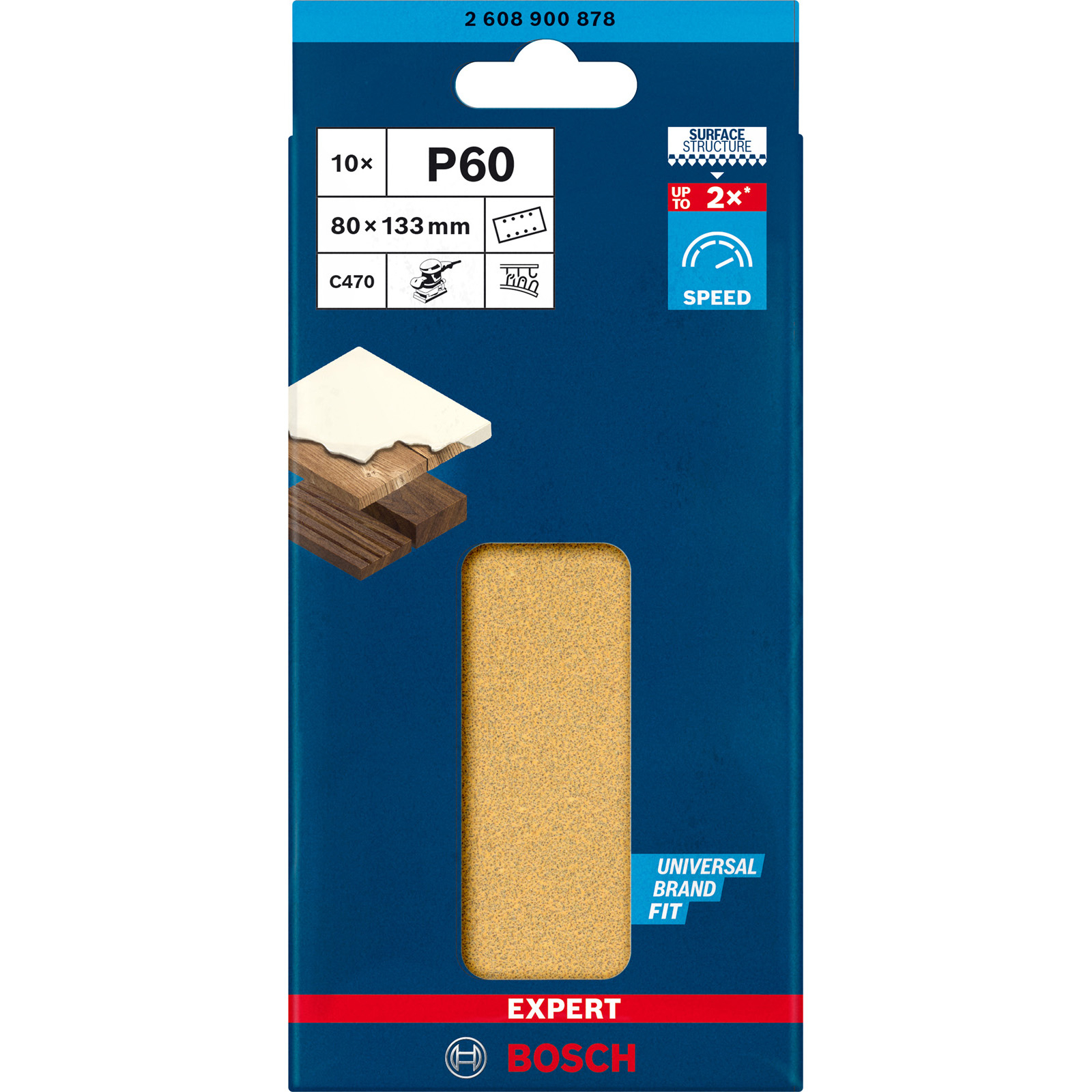 Eine blau-weiße Bosch Schleifblattverpackung mit Produktdetails, einschließlich einer Probe des Schleifmaterials.