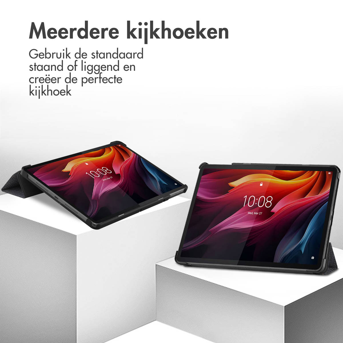The image shows two tablets in stands on white surfaces, displaying vibrant screens with the time 10:08.