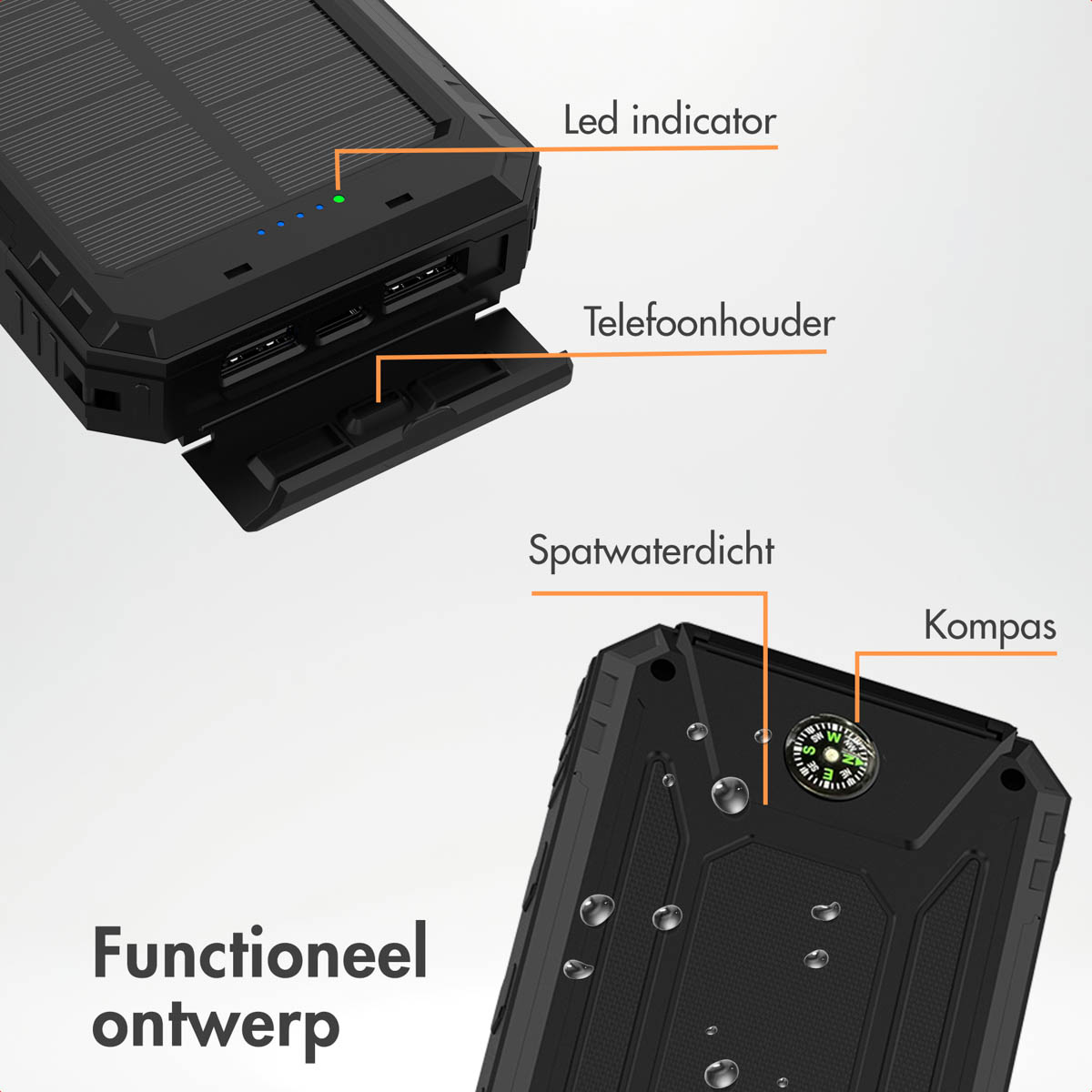 Das Bild hebt die Funktionen einer Powerbank hervor: LED-Anzeige, Telefonhalter, spritzwassergeschütztes Design und Kompass.