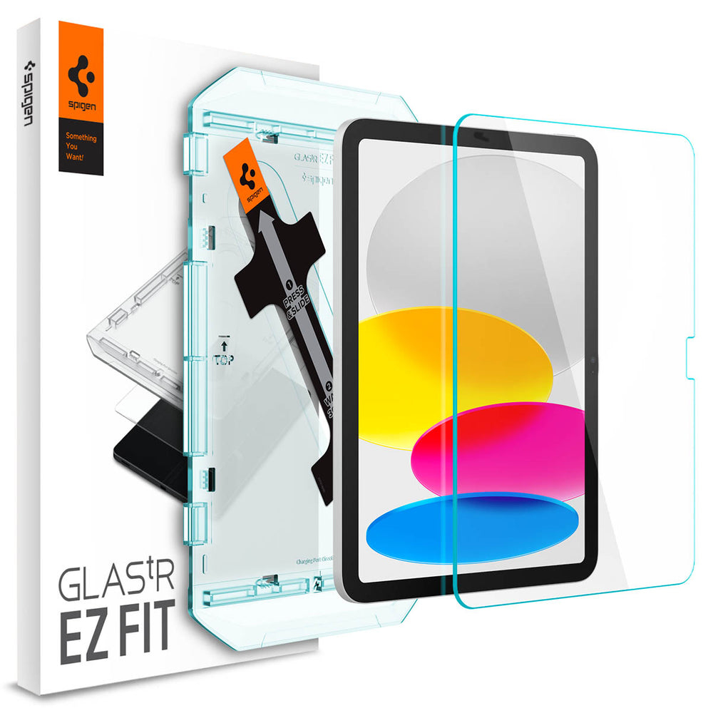 L'image montre un kit de protection d'écran pour tablette, comprenant l'applicateur et l'écran, sur un fond blanc.