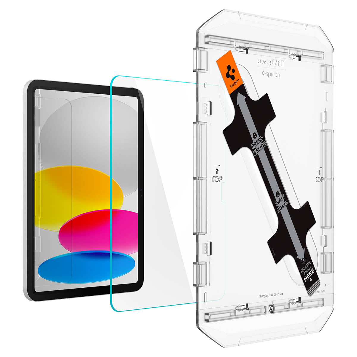 L'image montre un kit de protection d'écran pour tablette, comprenant l'applicateur et l'écran, sur un fond blanc.