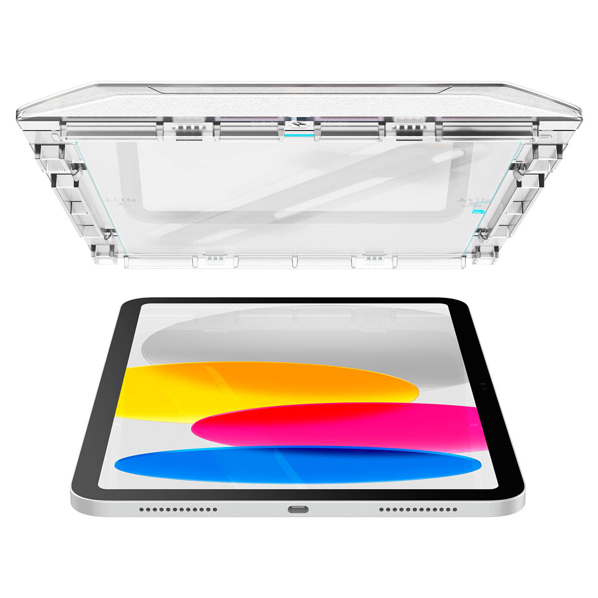 L'image montre une protection d'écran en cours d'installation sur une tablette, avec un écran multicolore visible.