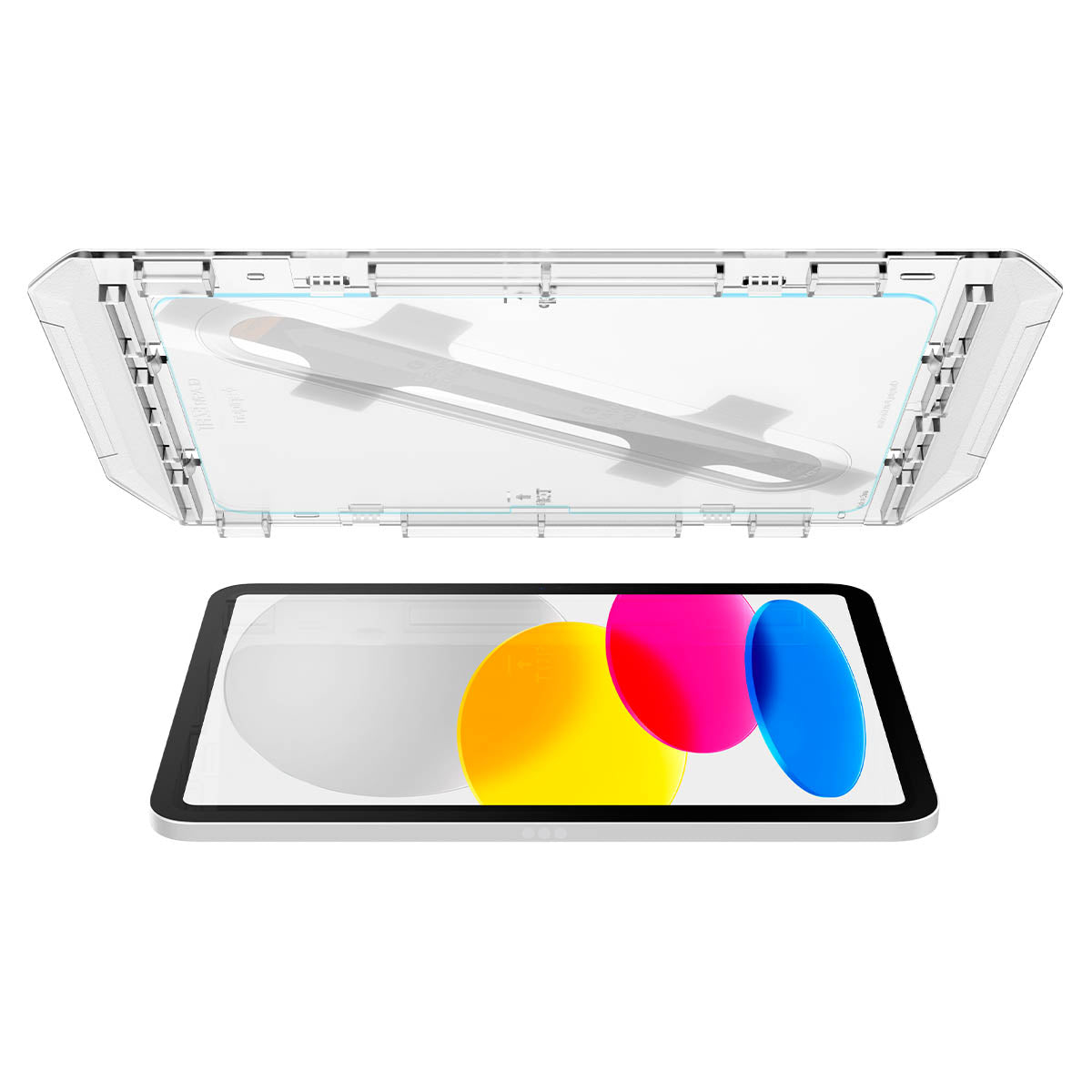 Un protecteur d'écran transparent et une tablette avec un écran coloré.
