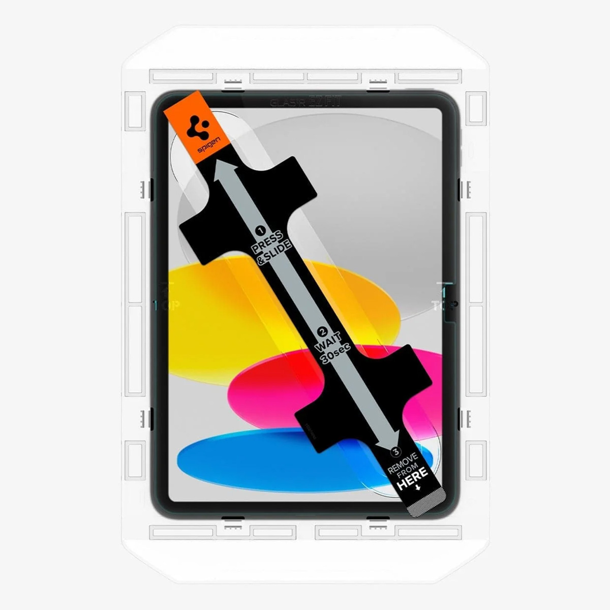 L'image montre un iPad avec un applicateur de protection d'écran et des instructions sur l'application de la protection.