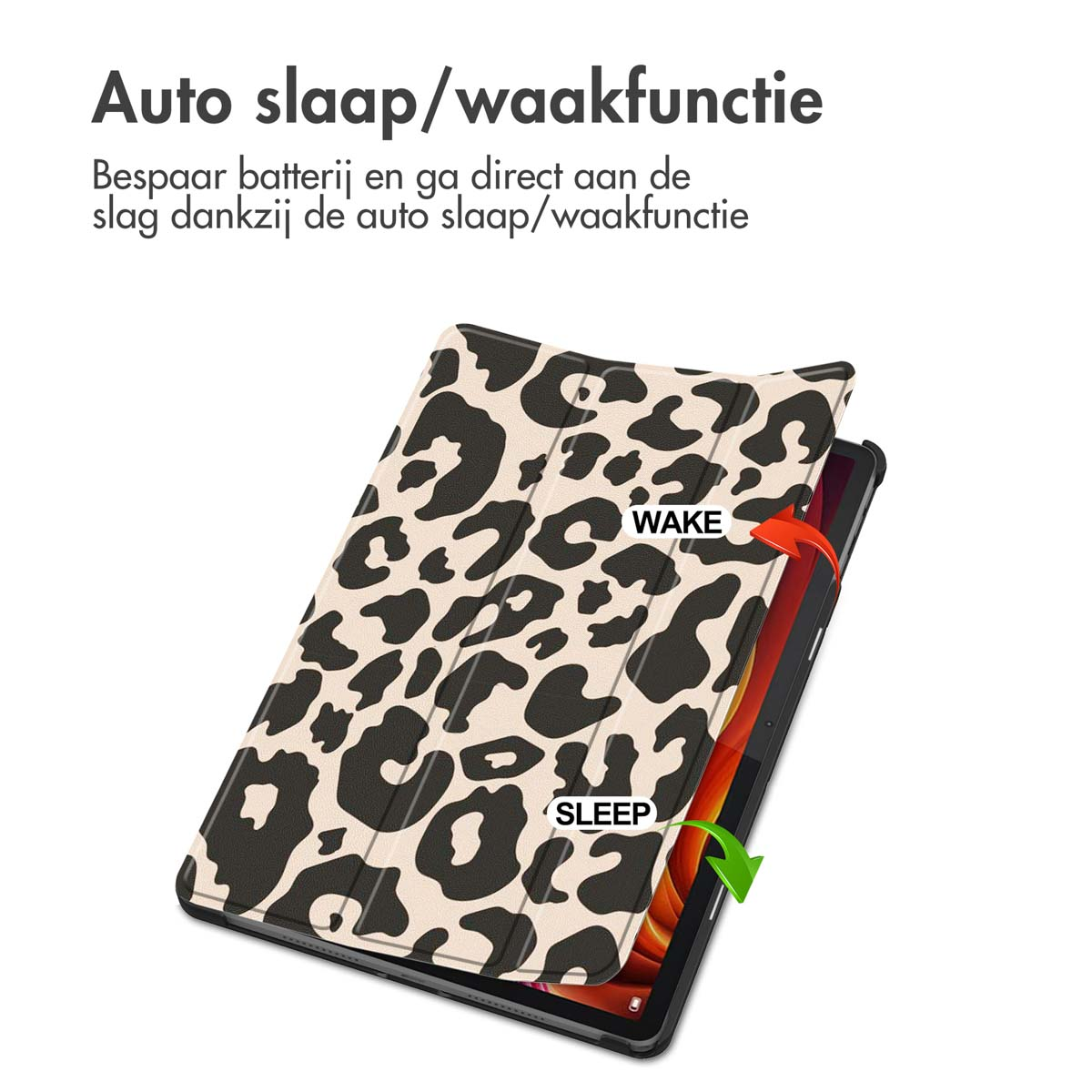 Tablet with a leopard print cover, showing 'sleep' and 'wake' functions.