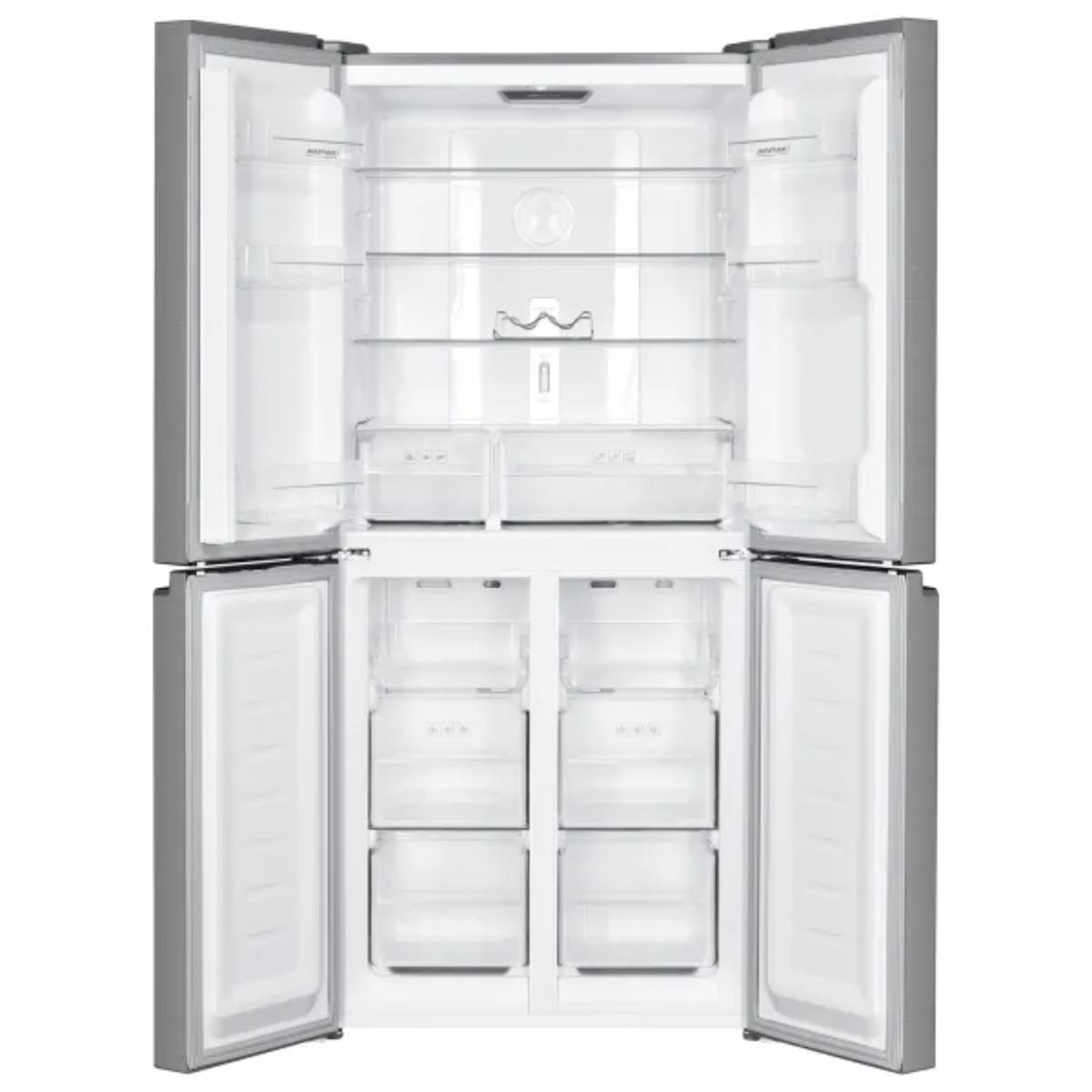 Biała lodówka z otwartymi drzwiami, ukazująca wnętrze.