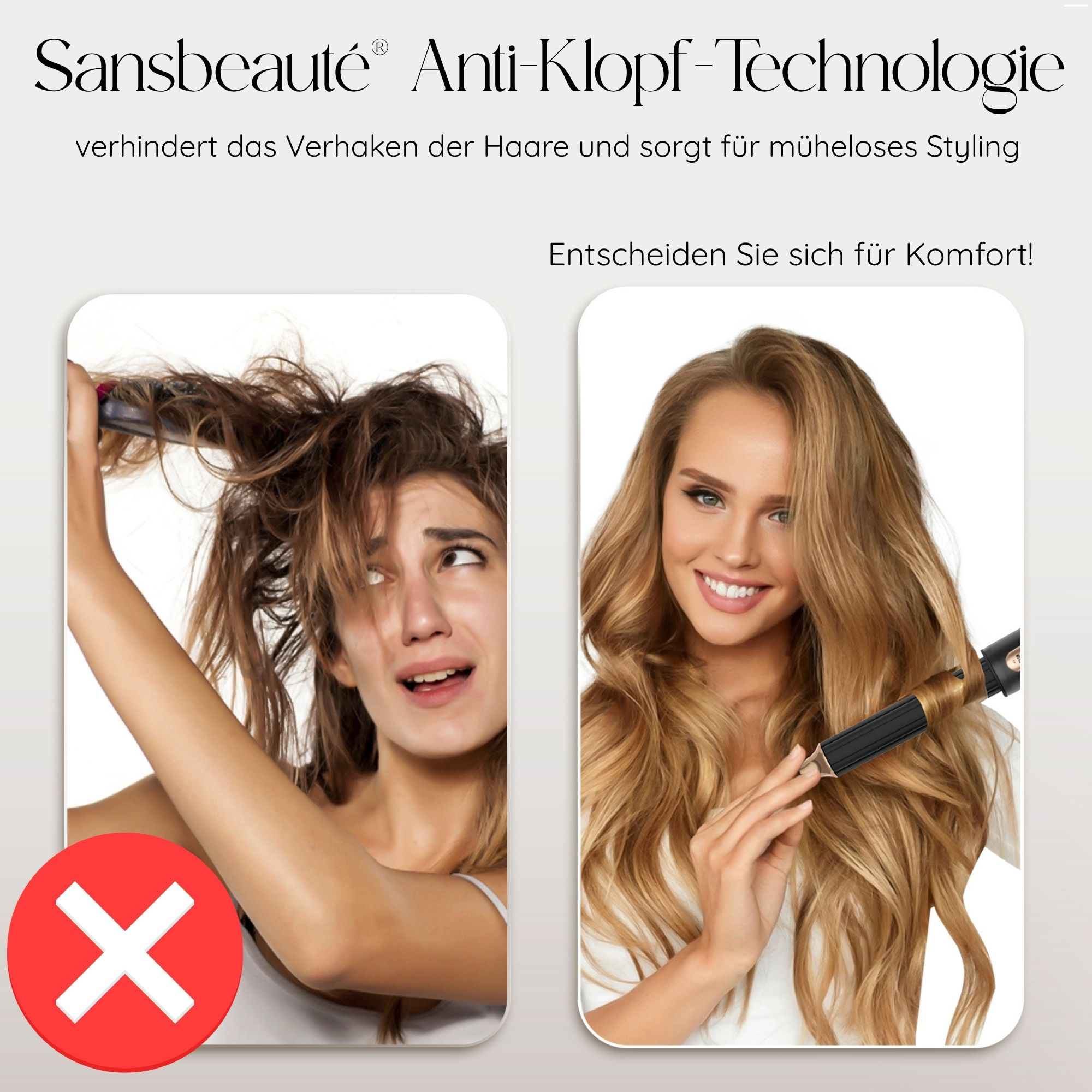 Bild vergleicht Haare vor und nach dem Locken. Eines mit krausem Haar, eines mit gestyltem Haar, und eine Frau lächelt.