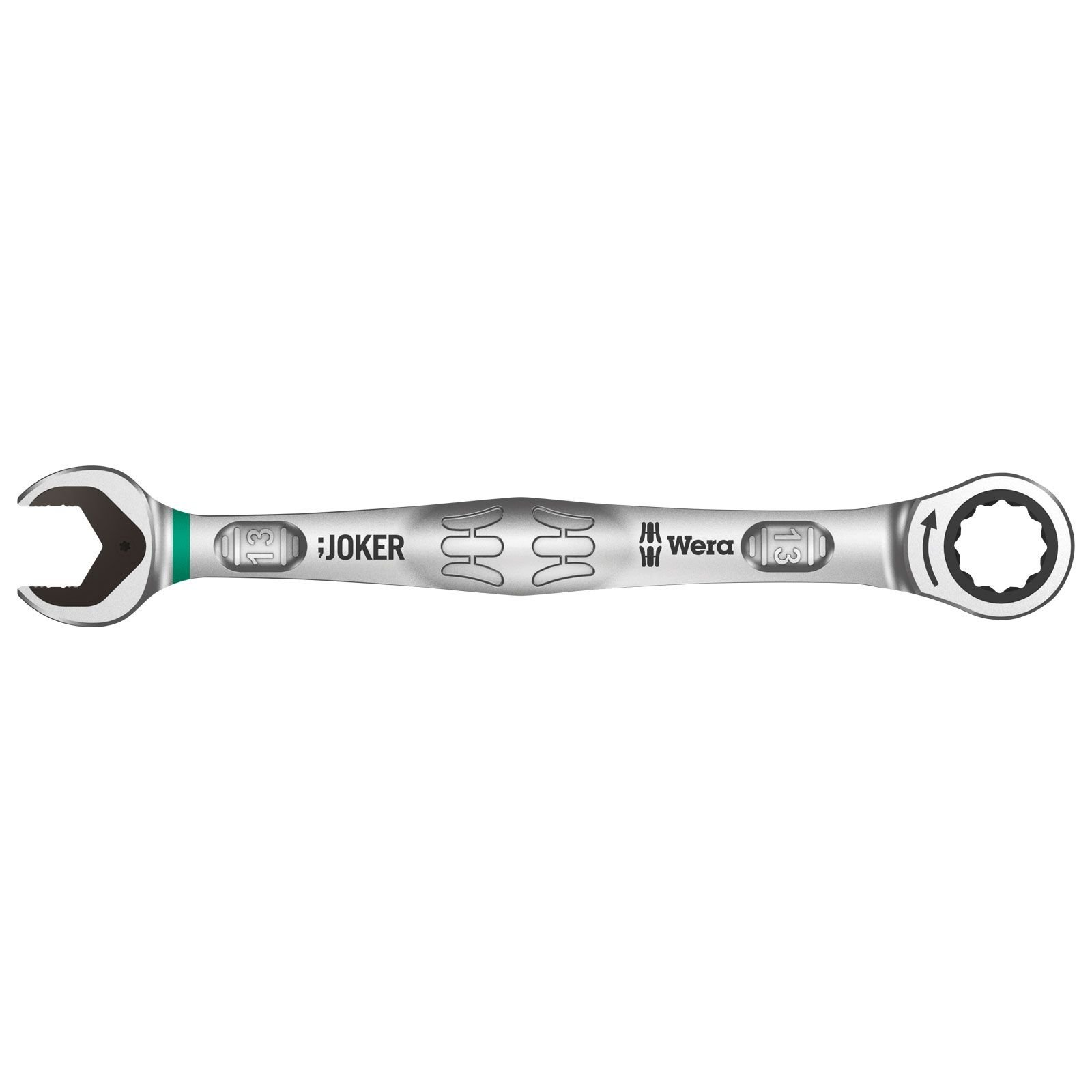 Una chiave inglese argento e verde con la scritta 'Joker' e 'Wera'. È piatto.