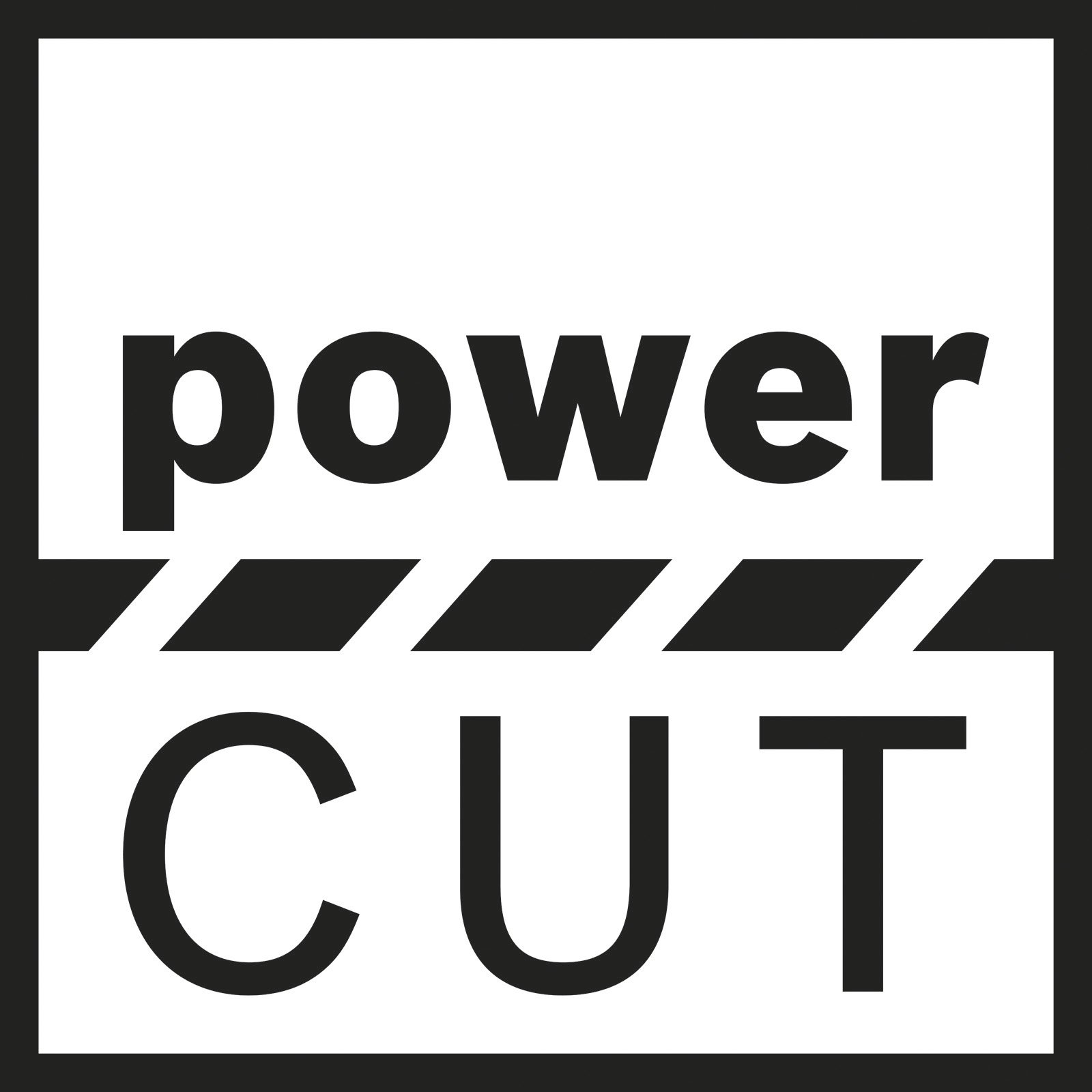 L'immagine presenta uno sfondo bianco con le parole 'power CUT' in nero. C'è una striscia nera al centro.
